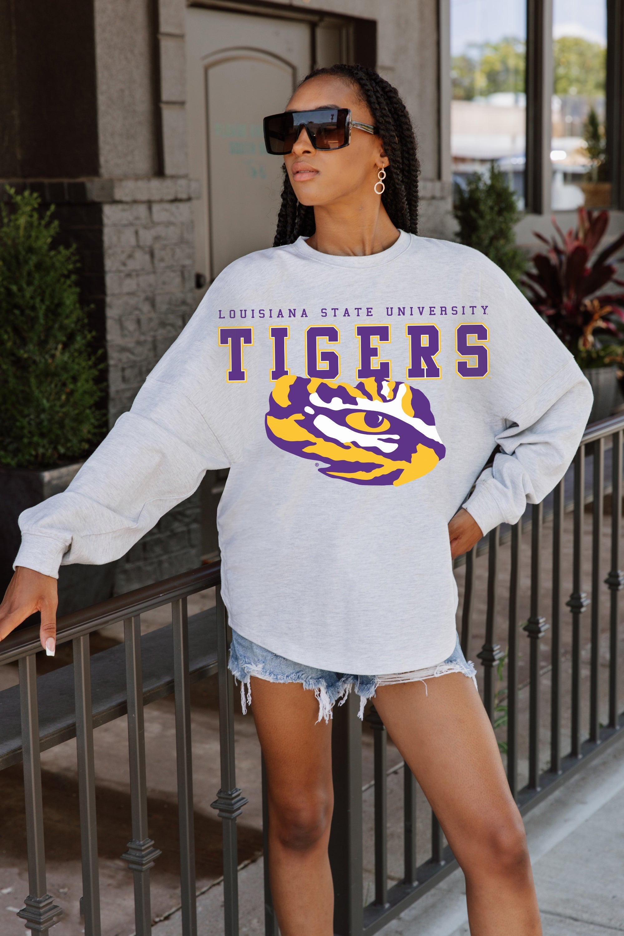 LSU TIGERS BIG GOALS DROP SHOULDER LONG SLEEVE TEE WITH RIBBED NECKLINE AND CUFFS