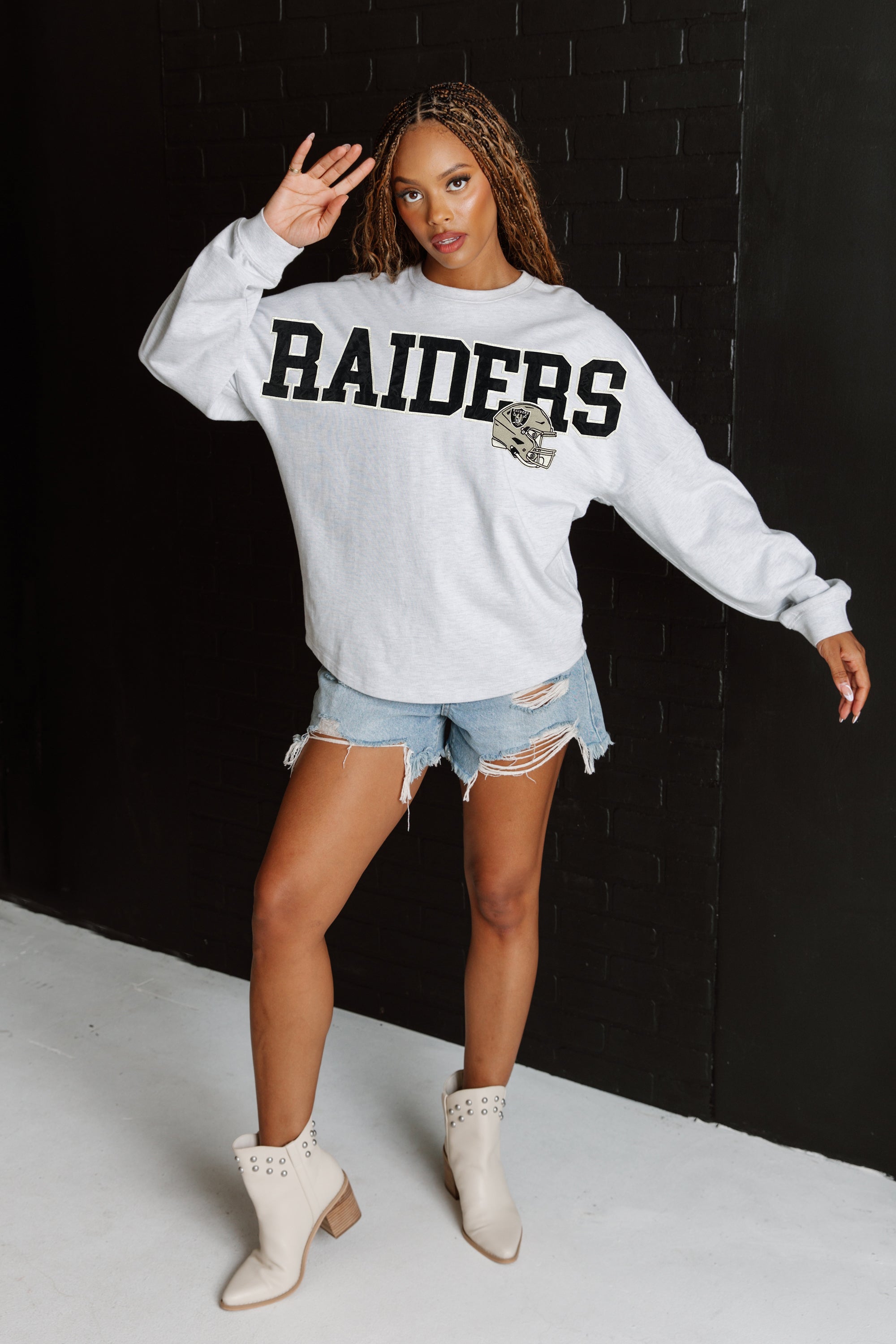 LAS VEGAS RAIDERS READY TO RALLY RELAXED FIT HEATHERED LONG SLEEVE FRENCH TERRY PULLOVER