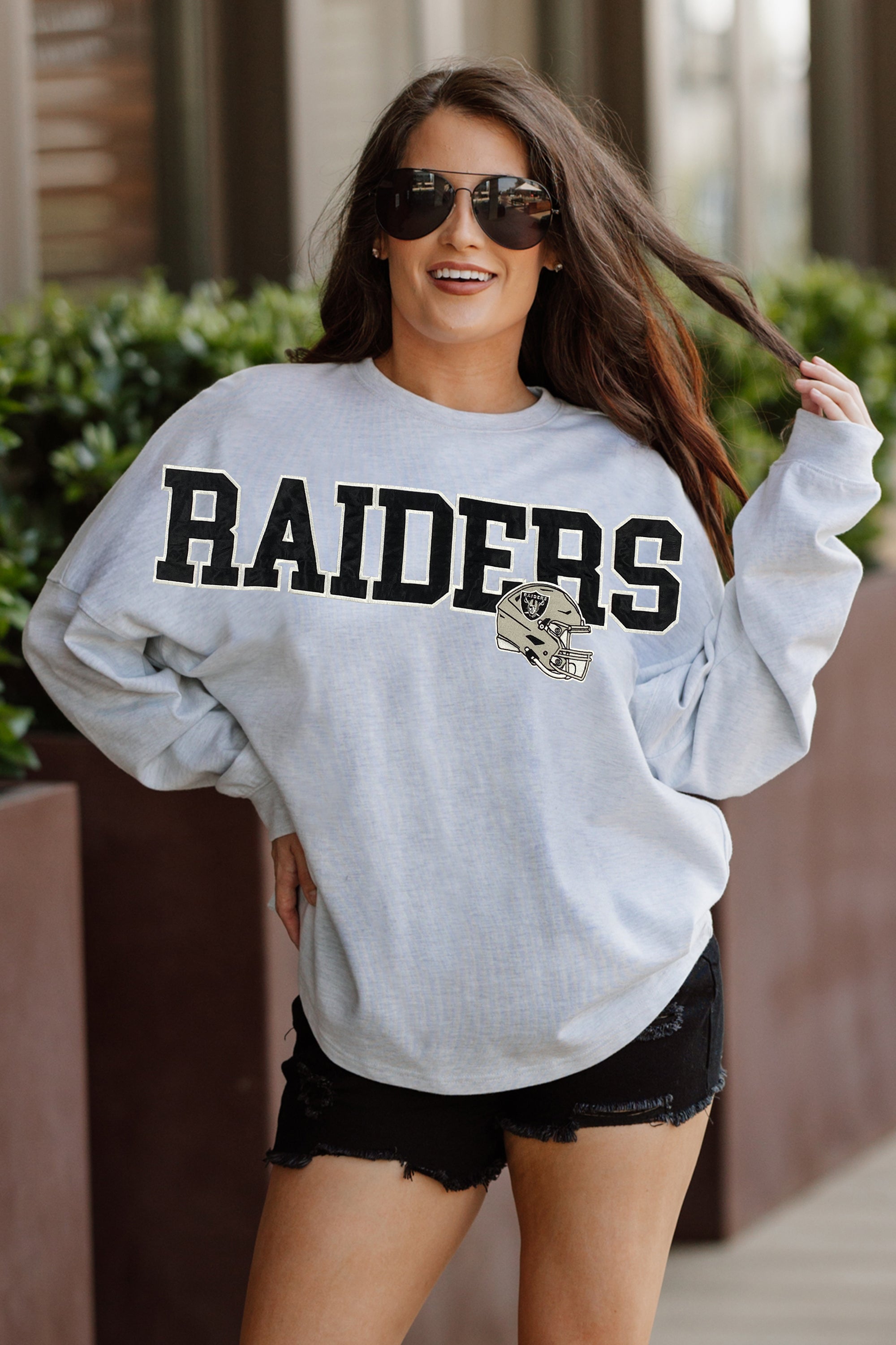 LAS VEGAS RAIDERS READY TO RALLY RELAXED FIT HEATHERED LONG SLEEVE FRENCH TERRY PULLOVER