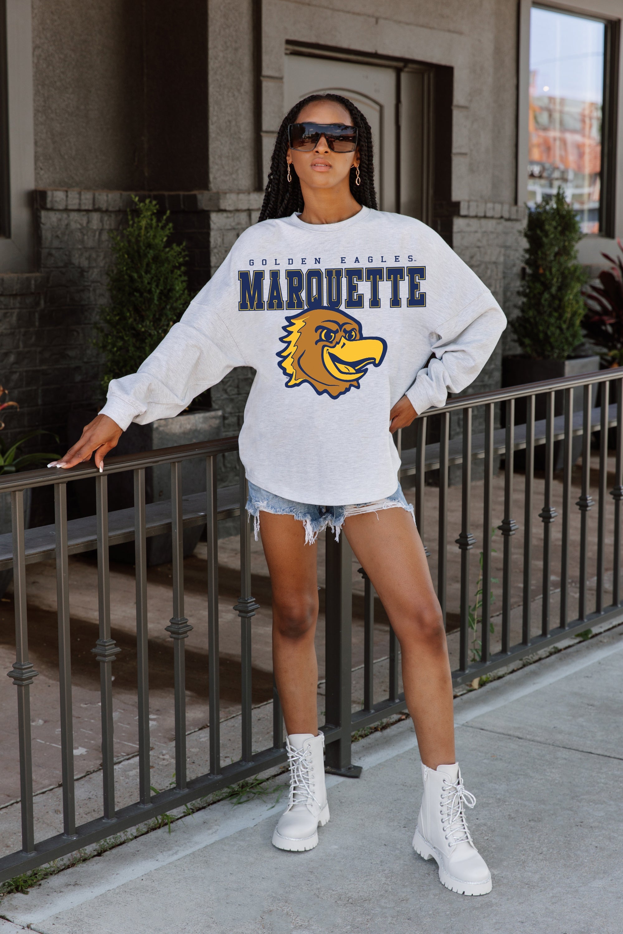 MARQUETTE GOLDEN EAGLES BIG GOALS DROP SHOULDER LONG SLEEVE TEE WITH RIBBED NECKLINE AND CUFFS