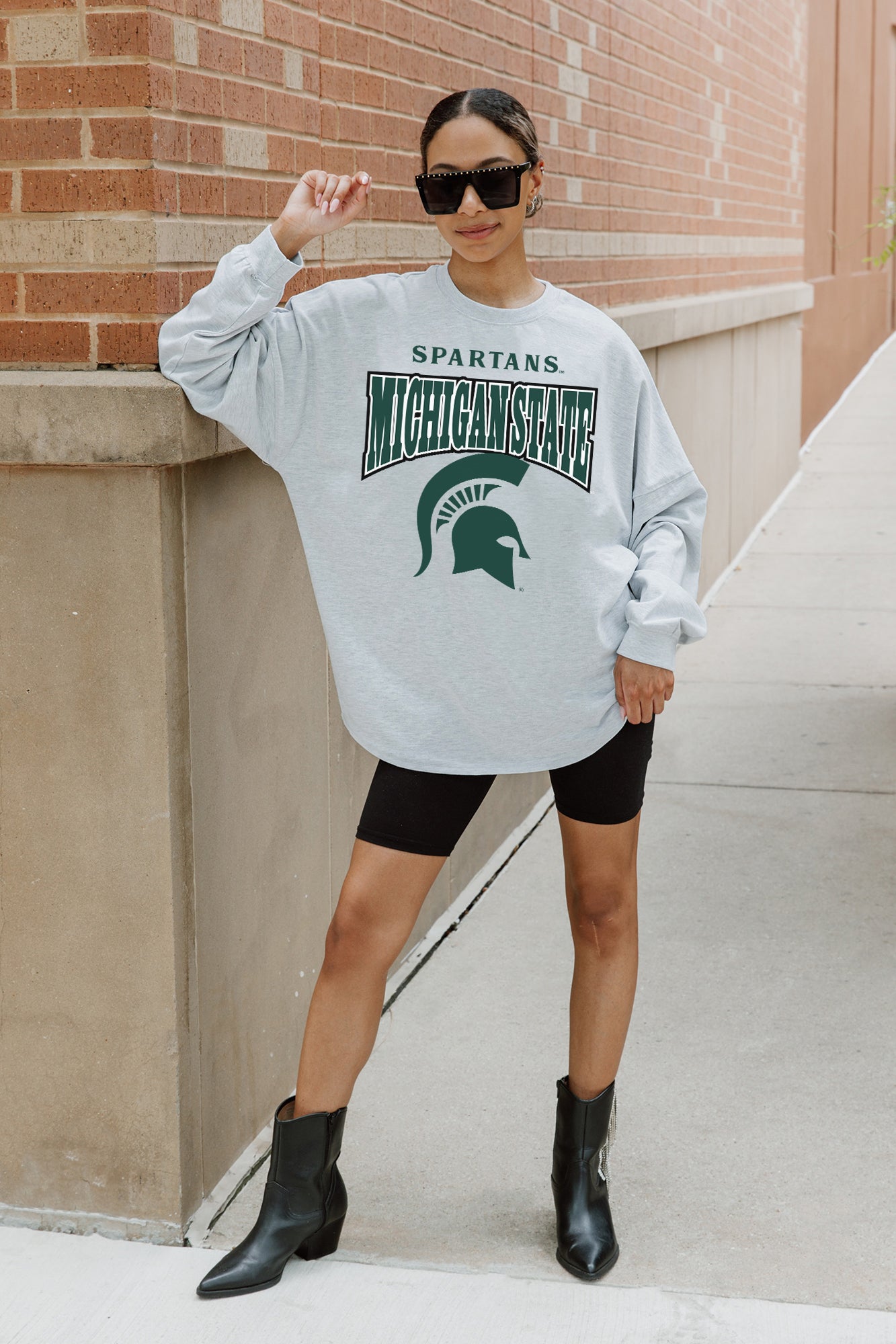 MICHIGAN STATE SPARTANS FIGHTING SPIRIT DROP SHOULDER LONG SLEEVE TEE WITH RIBBED NECKLINE AND CUFFS