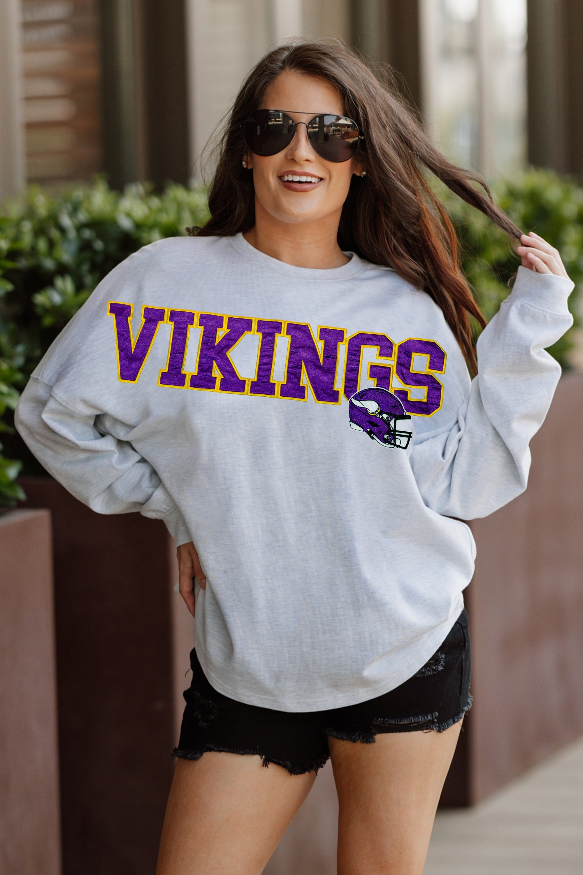 MINNESOTA VIKINGS READY TO RALLY RELAXED FIT HEATHERED LONG SLEEVE FRENCH TERRY PULLOVER