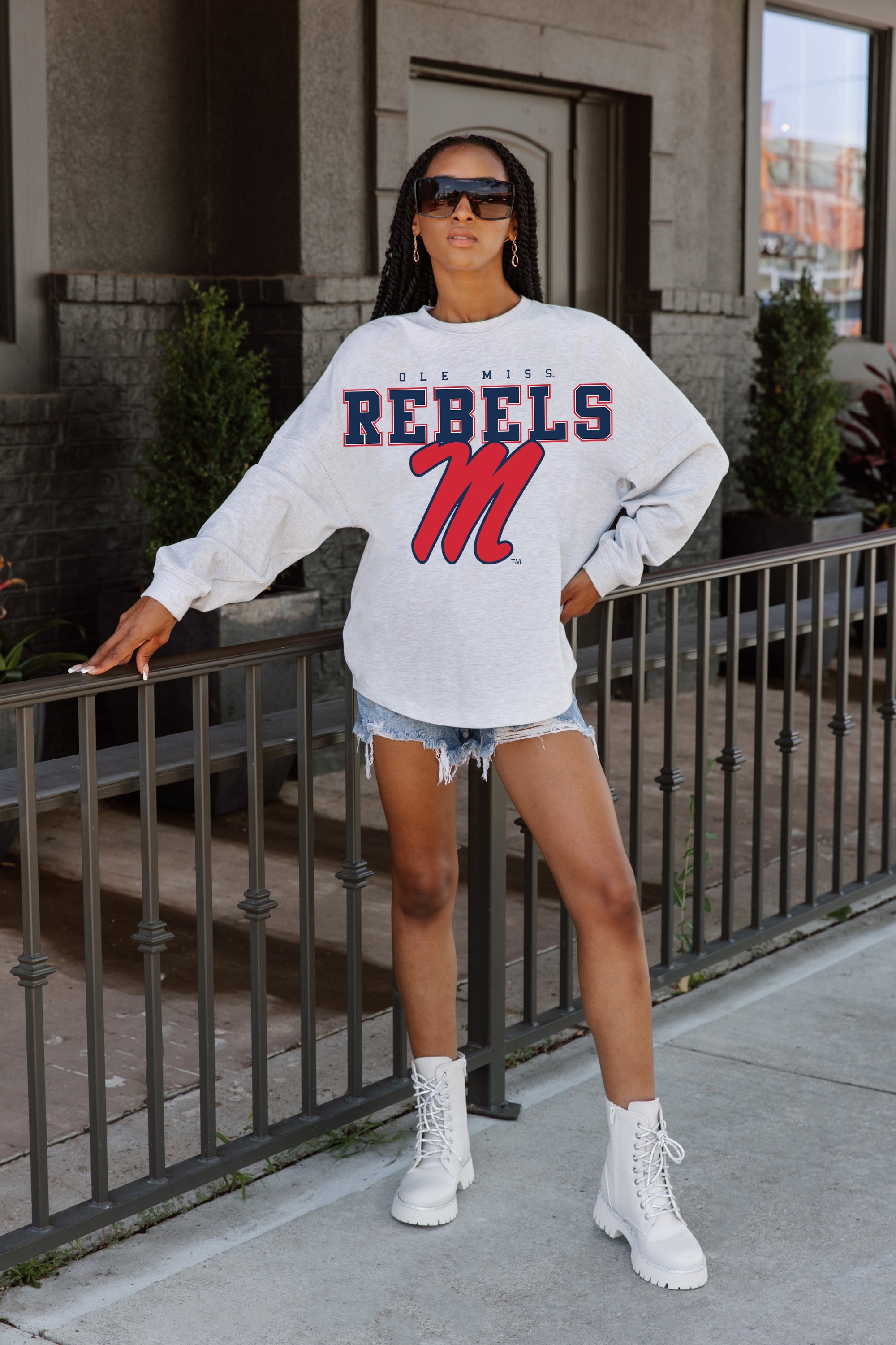 OLE MISS REBELS BIG GOALS DROP SHOULDER LONG SLEEVE TEE WITH RIBBED NECKLINE AND CUFFS