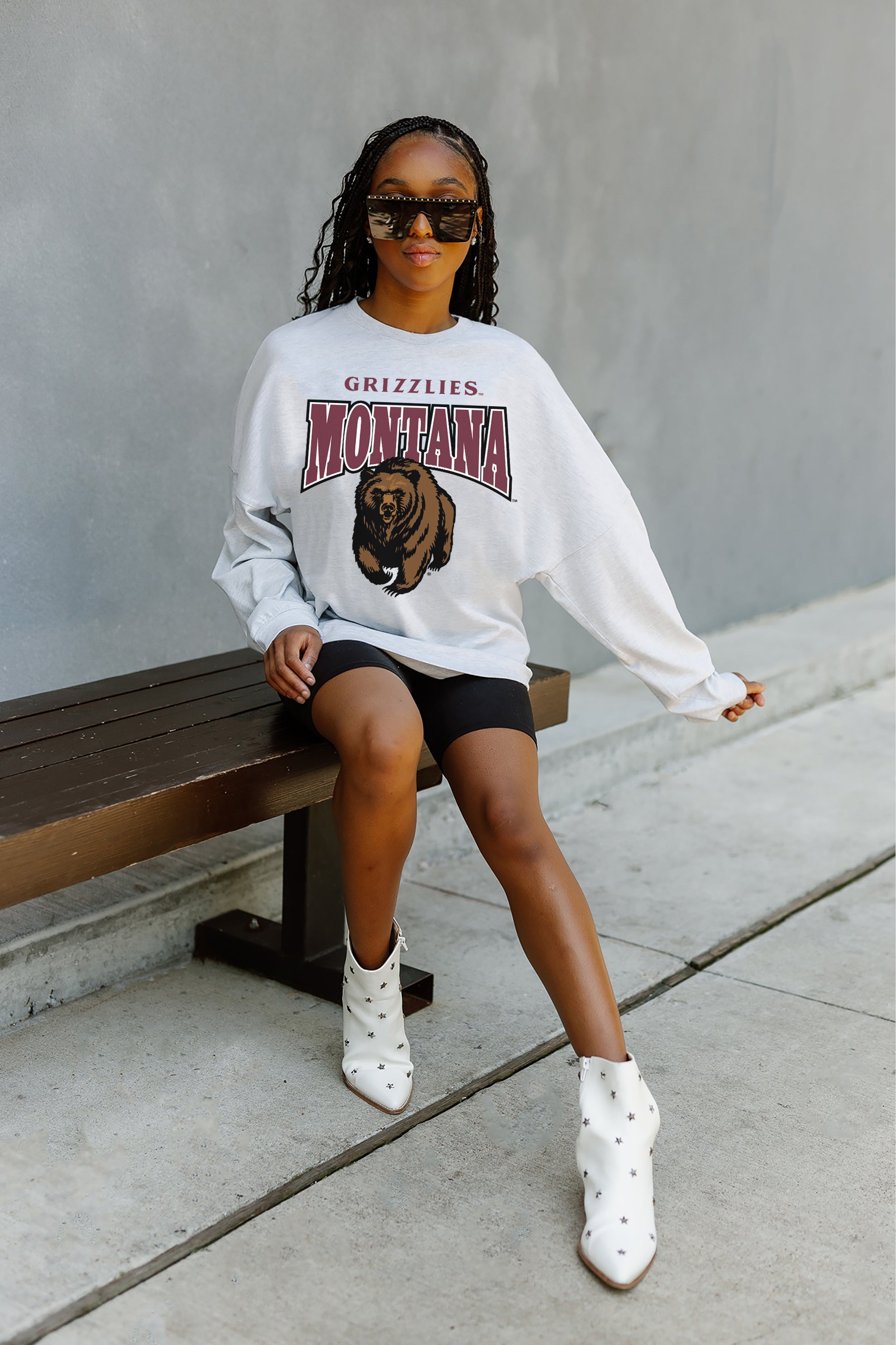 MONTANA GRIZZLIES FIGHTING SPIRIT DROP SHOULDER LONG SLEEVE TEE WITH RIBBED NECKLINE AND CUFFS