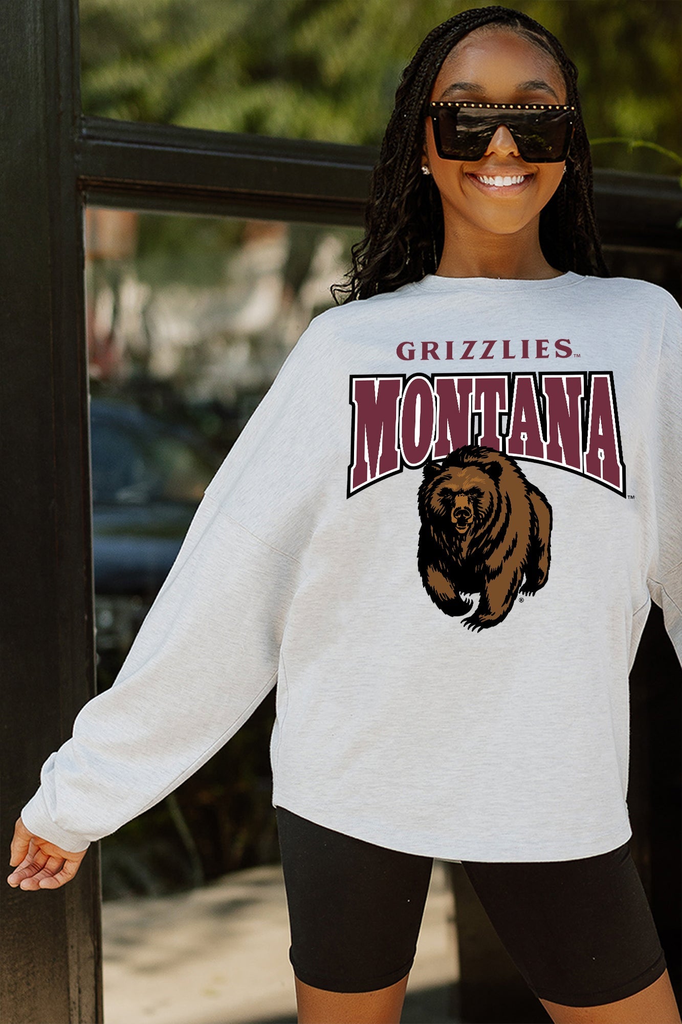 MONTANA GRIZZLIES FIGHTING SPIRIT DROP SHOULDER LONG SLEEVE TEE WITH RIBBED NECKLINE AND CUFFS