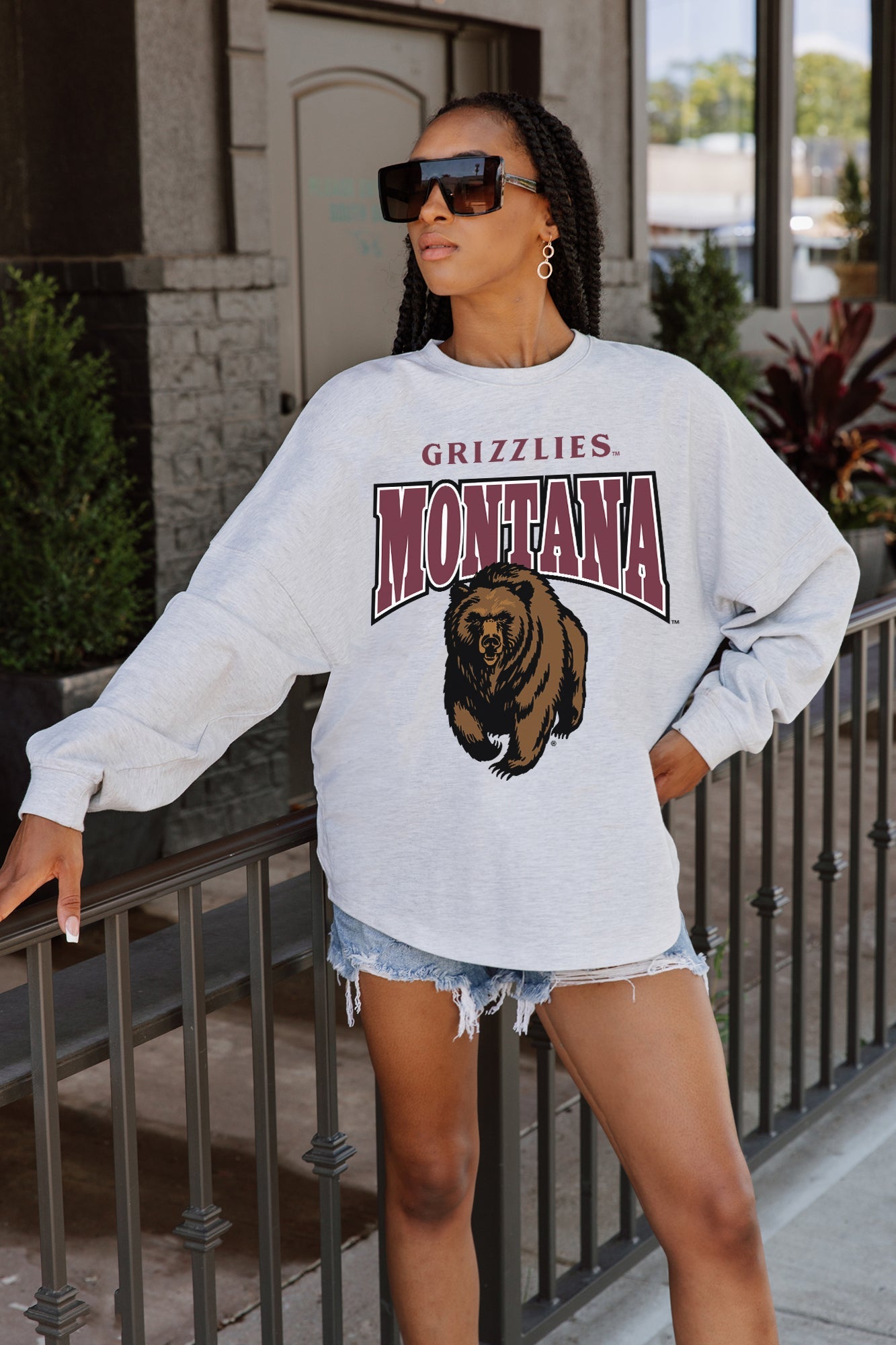 MONTANA GRIZZLIES FIGHTING SPIRIT DROP SHOULDER LONG SLEEVE TEE WITH RIBBED NECKLINE AND CUFFS