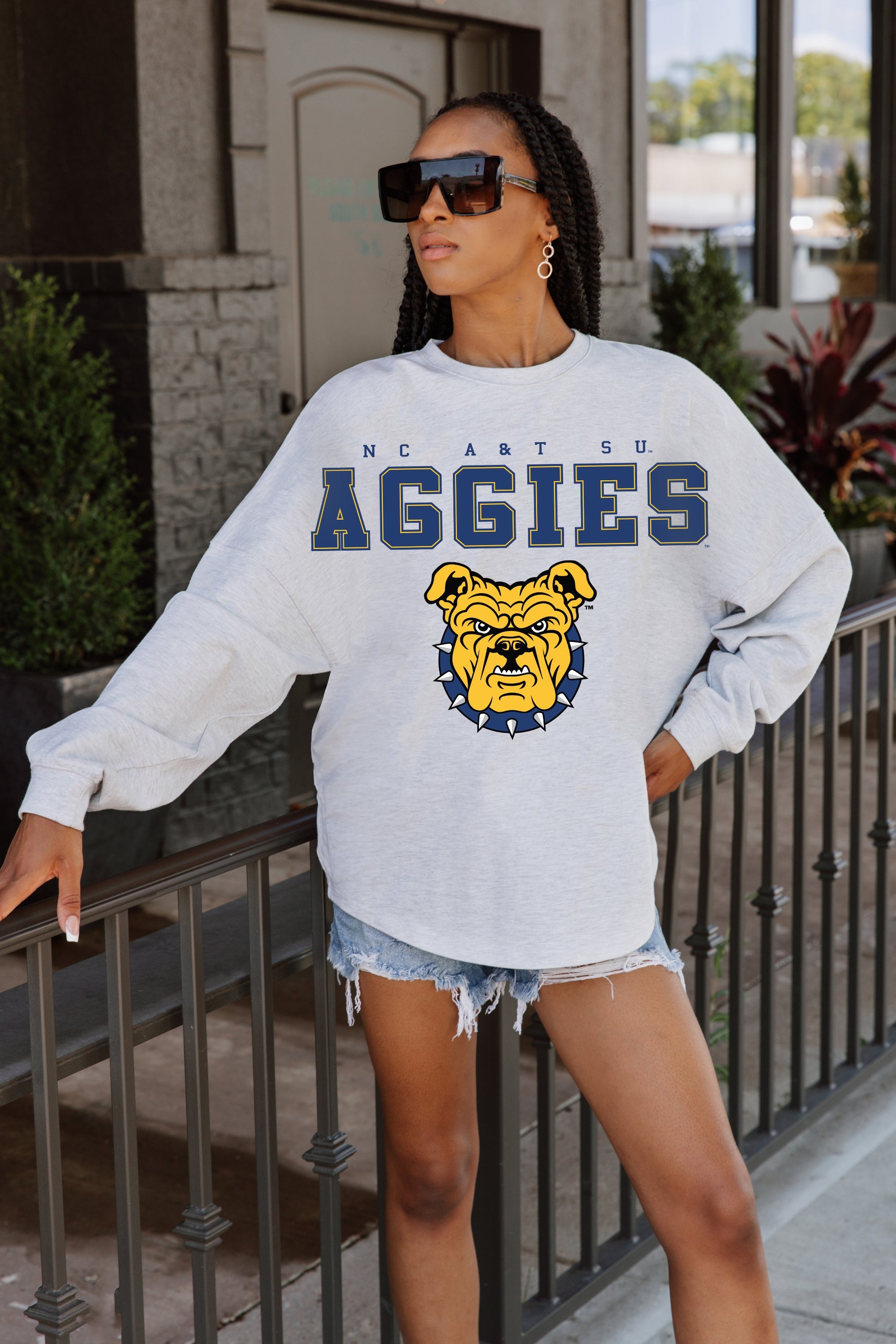 NORTH CAROLINA A&T STATE AGGIES BIG GOALS DROP SHOULDER LONG SLEEVE TEE WITH RIBBED NECKLINE AND CUFFS