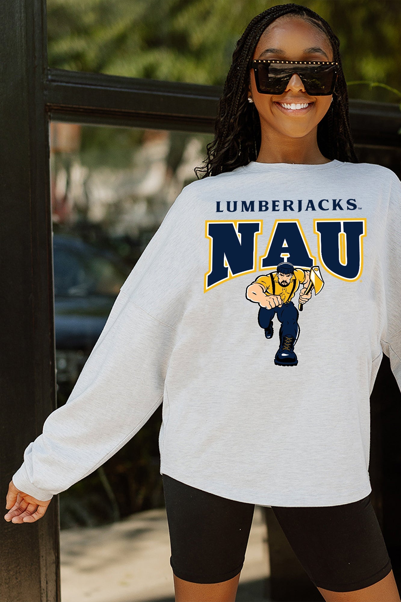 NORTHERN ARIZONA LUMBERJACKS FIGHTING SPIRIT DROP SHOULDER LONG SLEEVE TEE WITH RIBBED NECKLINE AND CUFFS