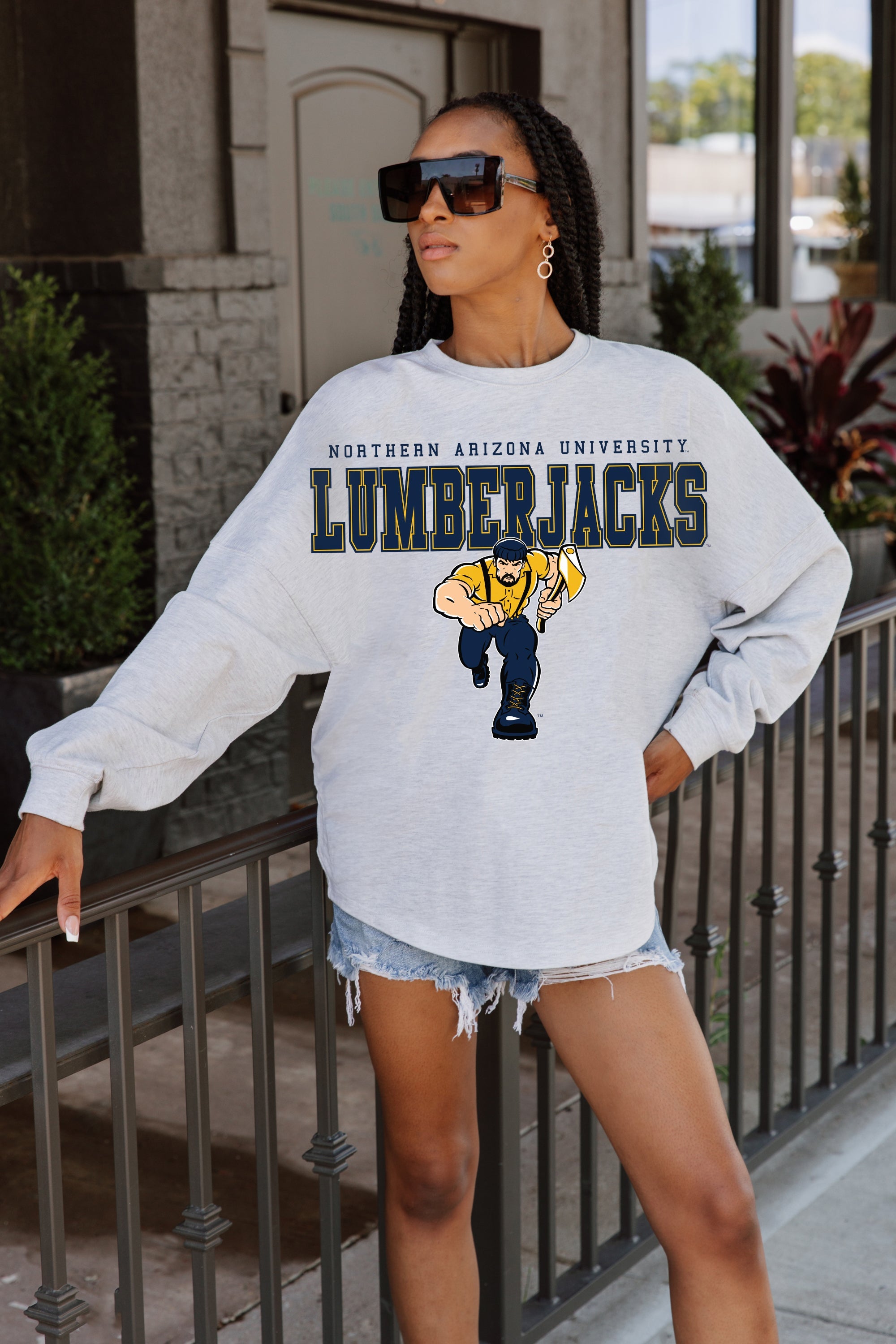 NORTHERN ARIZONA LUMBERJACKS BIG GOALS DROP SHOULDER LONG SLEEVE TEE WITH RIBBED NECKLINE AND CUFFS