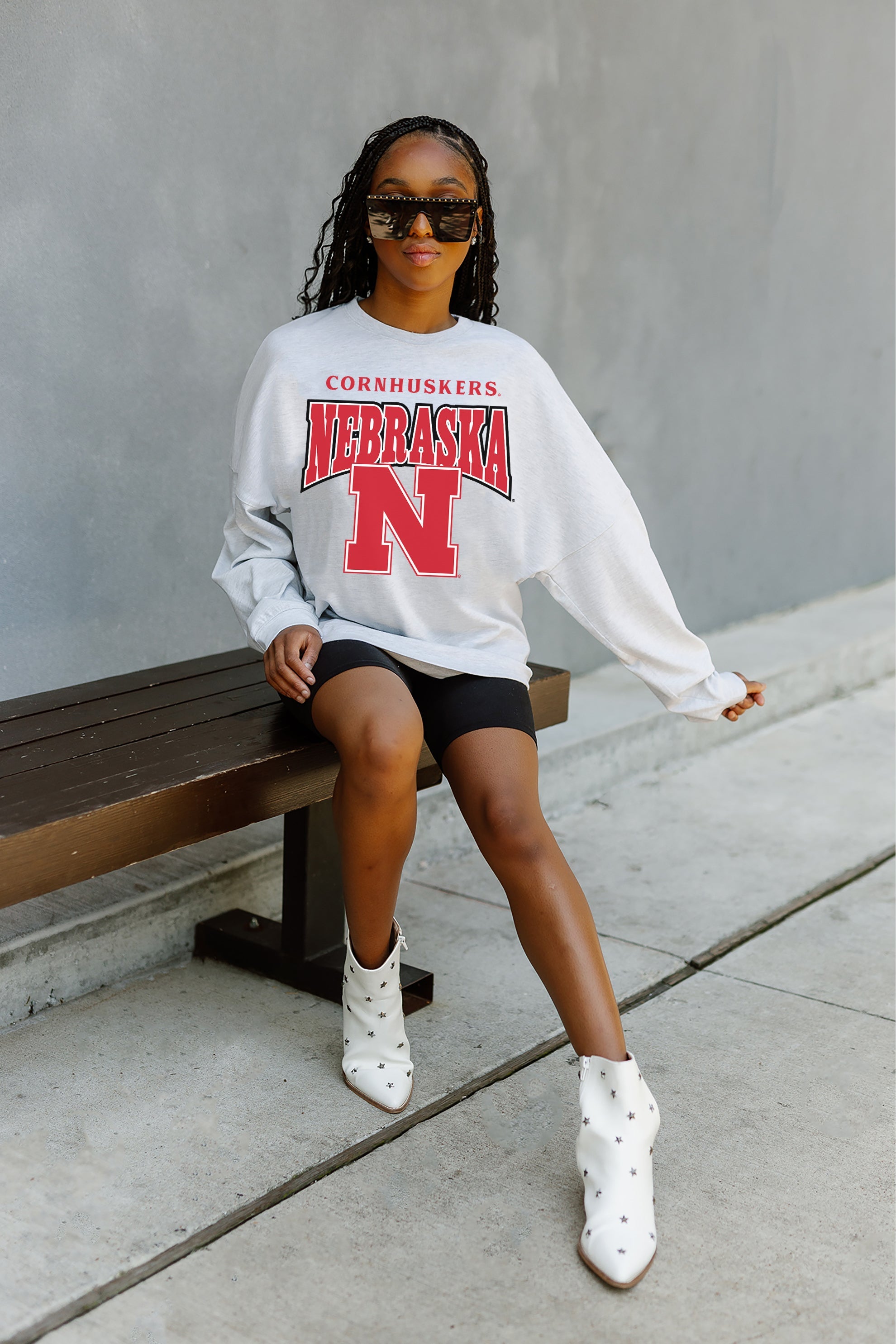 NEBRASKA CORNHUSKERS FIGHTING SPIRIT DROP SHOULDER LONG SLEEVE TEE WITH RIBBED NECKLINE AND CUFFS