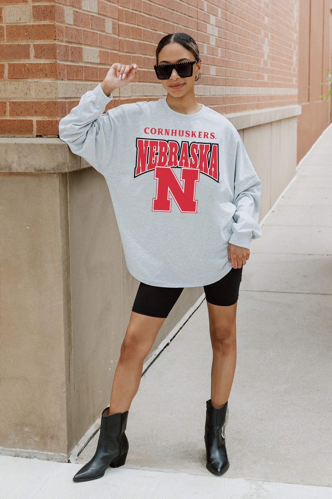 NEBRASKA CORNHUSKERS FIGHTING SPIRIT DROP SHOULDER LONG SLEEVE TEE WITH RIBBED NECKLINE AND CUFFS