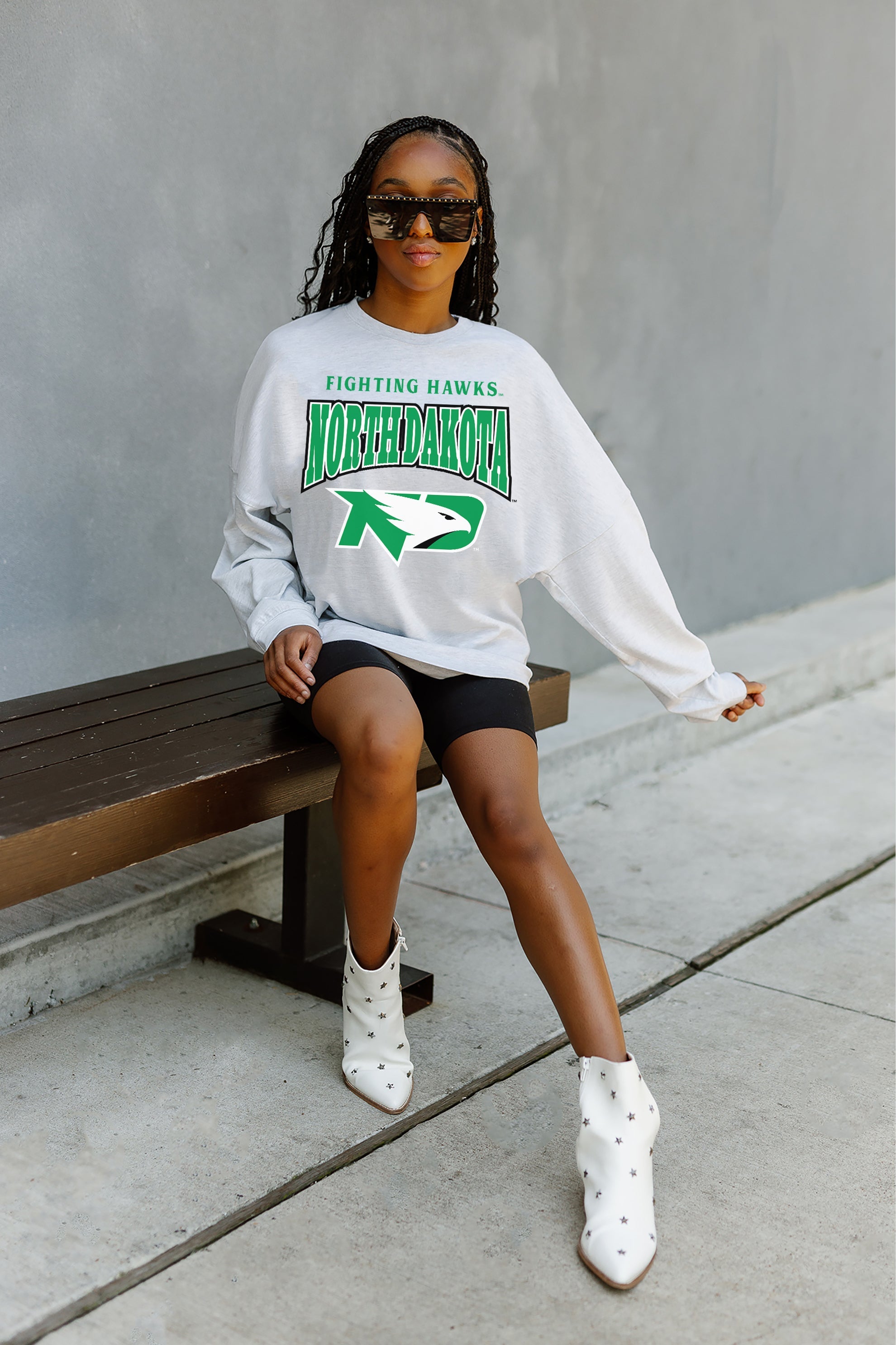 NORTH DAKOTA FIGHTING HAWKS FIGHTING SPIRIT DROP SHOULDER LONG SLEEVE TEE WITH RIBBED NECKLINE AND CUFFS