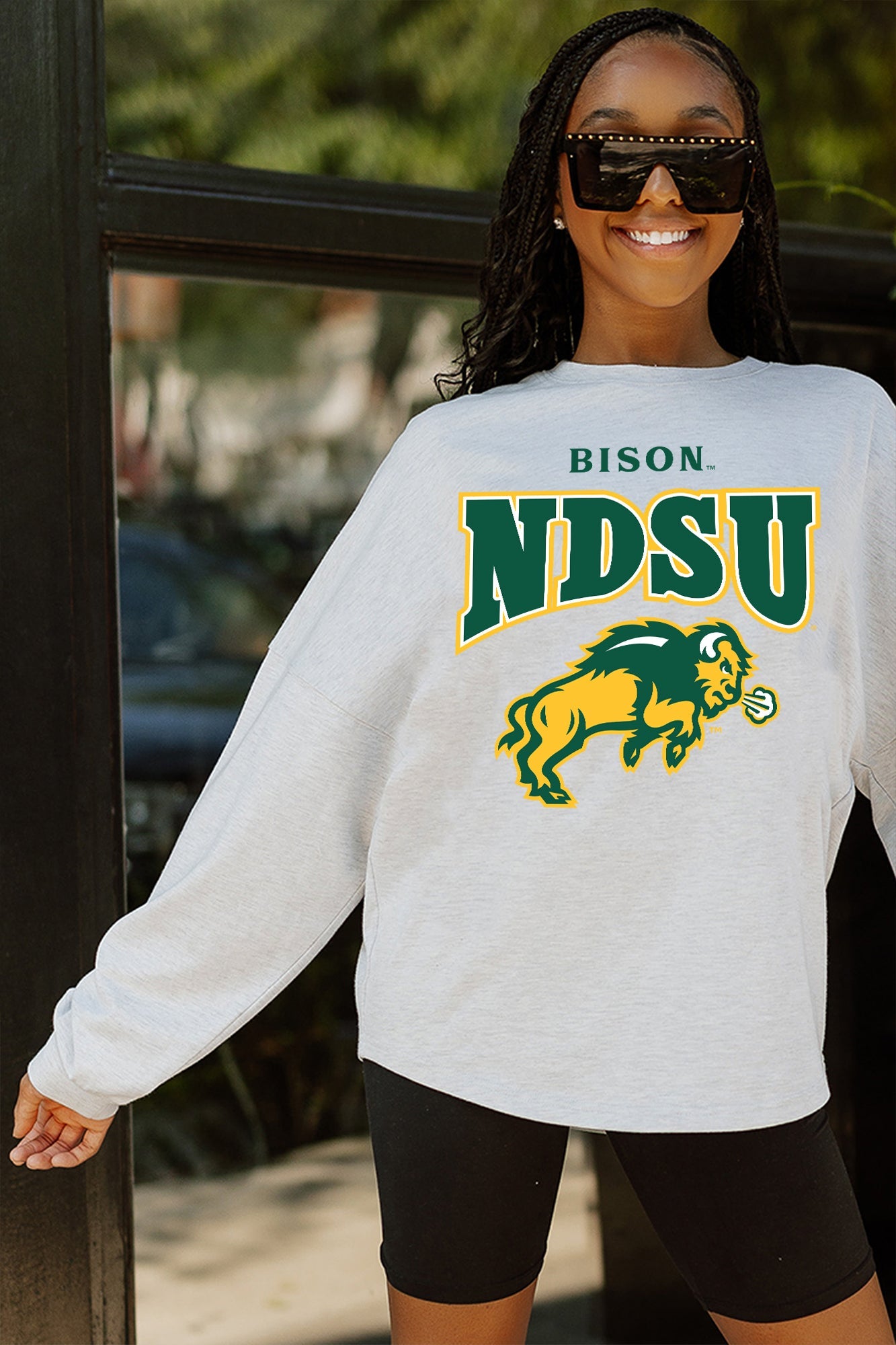 NORTH DAKOTA STATE BISON FIGHTING SPIRIT DROP SHOULDER LONG SLEEVE TEE WITH RIBBED NECKLINE AND CUFFS