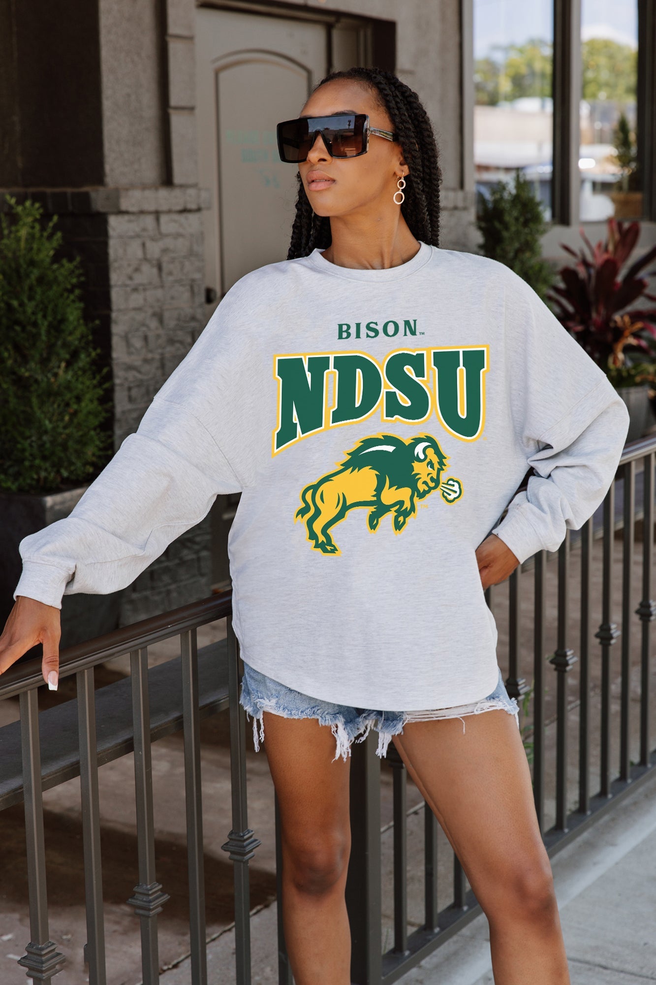 NORTH DAKOTA STATE BISON FIGHTING SPIRIT DROP SHOULDER LONG SLEEVE TEE WITH RIBBED NECKLINE AND CUFFS