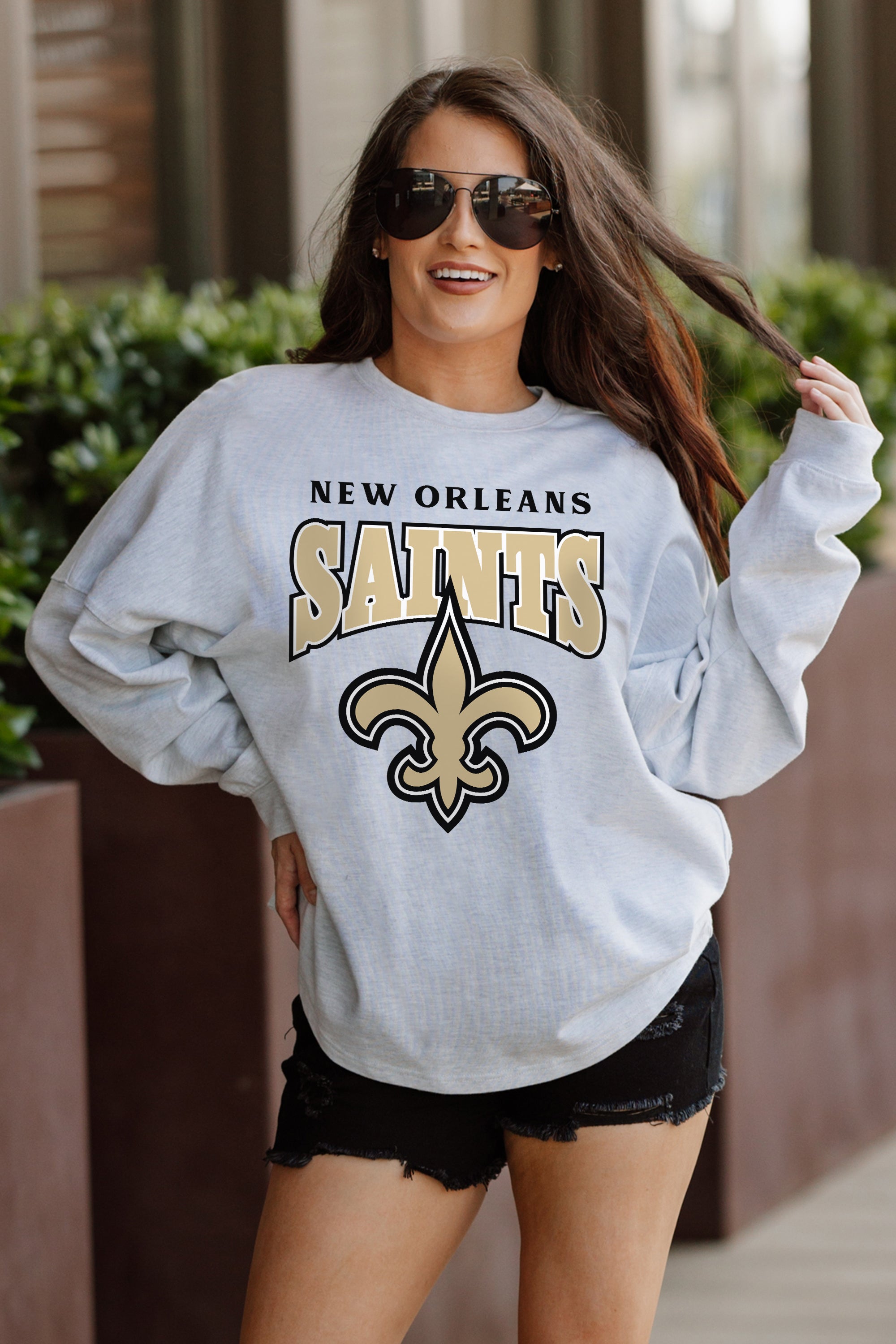 NEW ORLEANS SAINTS FIGHTING SPIRIT RELAXED FIT HEATHERED LONG SLEEVE FRENCH TERRY PULLOVER