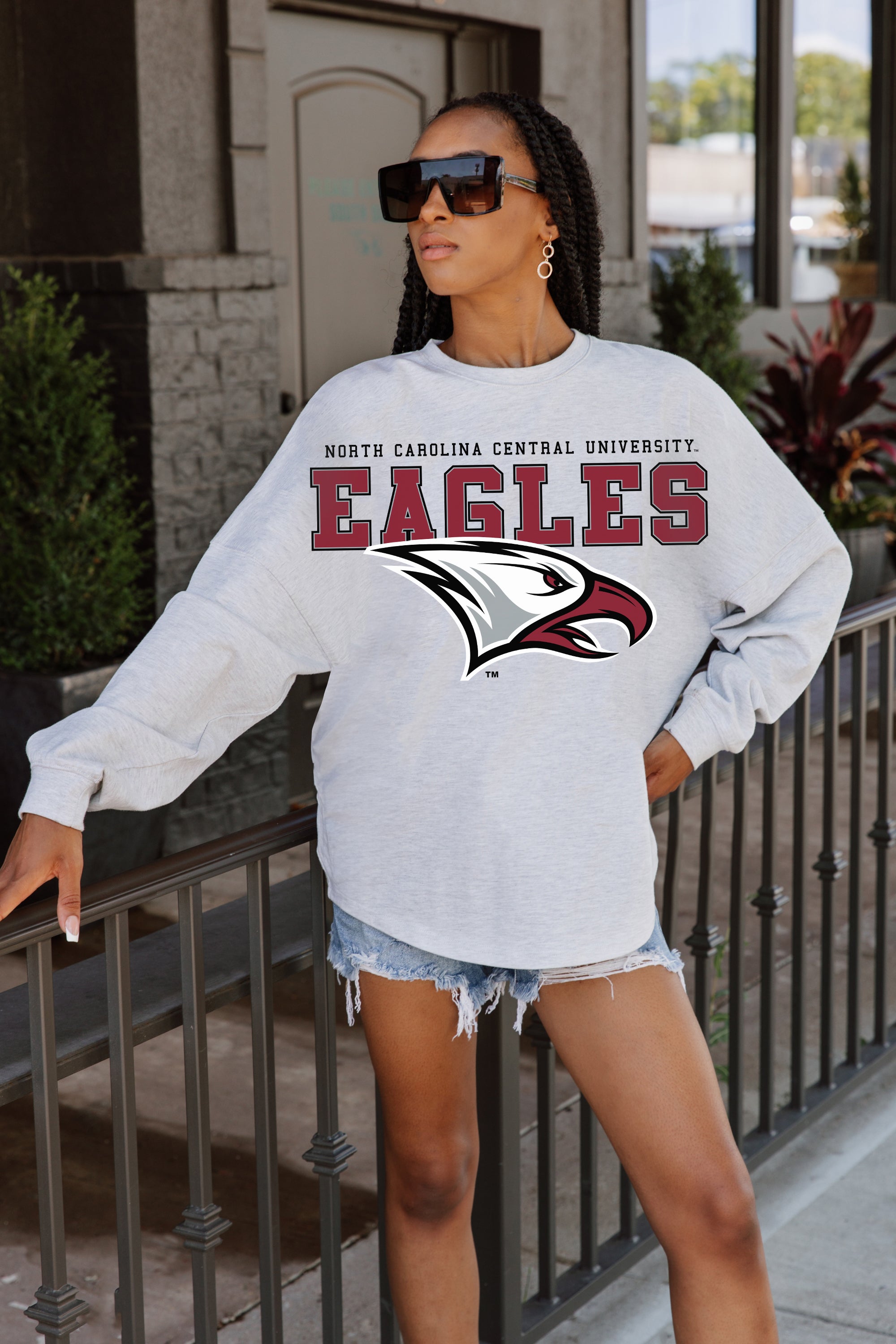 NORTH CAROLINA CENTRAL EAGLES BIG GOALS DROP SHOULDER LONG SLEEVE TEE WITH RIBBED NECKLINE AND CUFFS