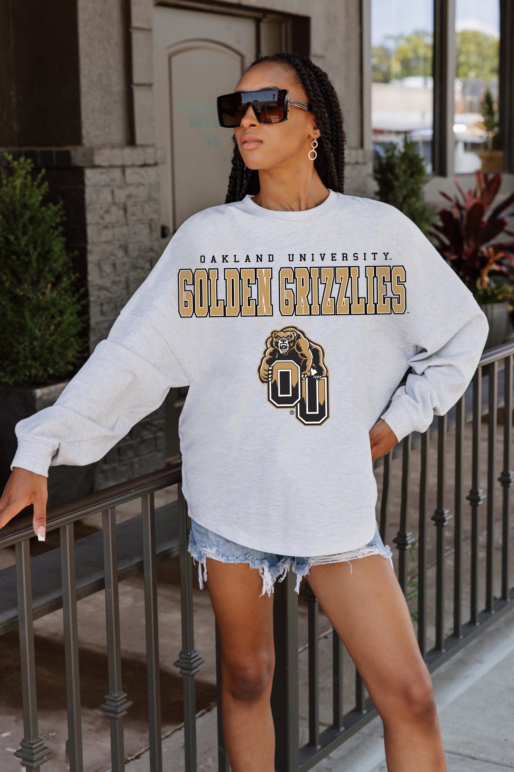 OAKLAND GOLDEN GRIZZLIES BIG GOALS DROP SHOULDER LONG SLEEVE TEE WITH RIBBED NECKLINE AND CUFFS