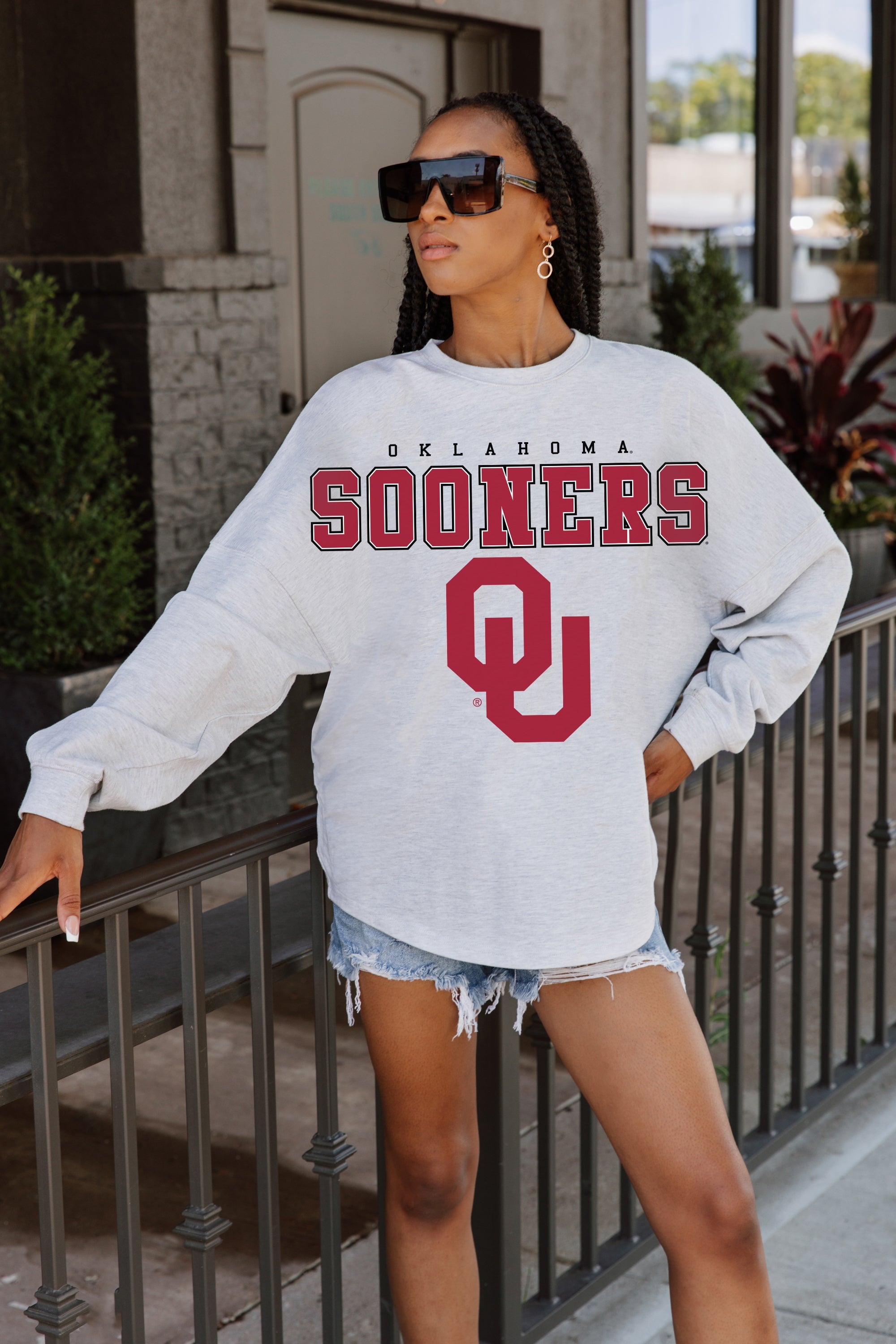 OKLAHOMA SOONERS BIG GOALS DROP SHOULDER LONG SLEEVE TEE WITH RIBBED NECKLINE AND CUFFS