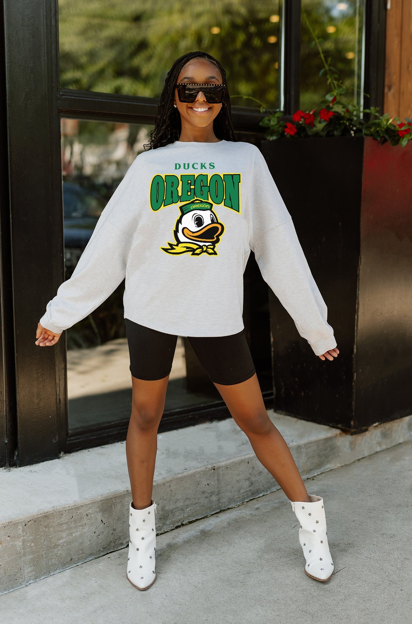 OREGON DUCKS FIGHTING SPIRIT DROP SHOULDER LONG SLEEVE TEE WITH RIBBED NECKLINE AND CUFFS