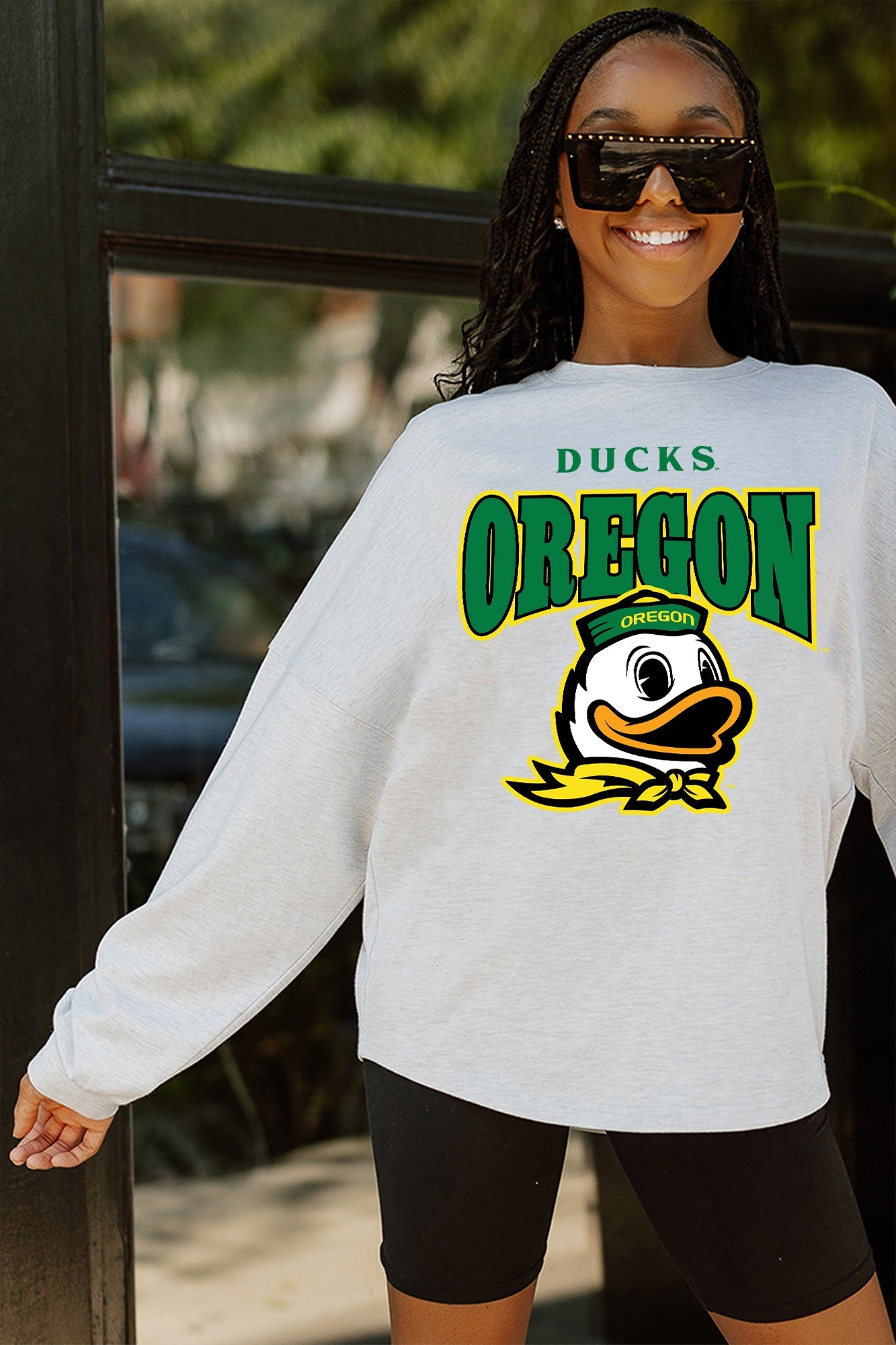 OREGON DUCKS FIGHTING SPIRIT DROP SHOULDER LONG SLEEVE TEE WITH RIBBED NECKLINE AND CUFFS