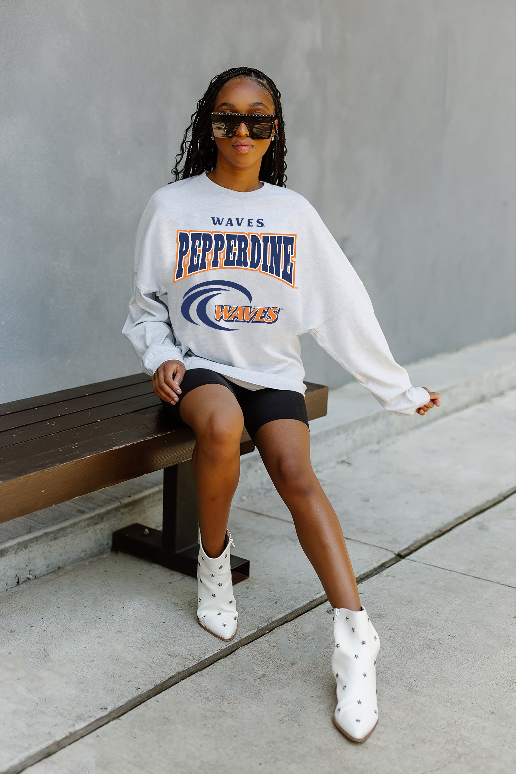 PEPPERDINE WAVES FIGHTING SPIRIT DROP SHOULDER LONG SLEEVE TEE WITH RIBBED NECKLINE AND CUFFS