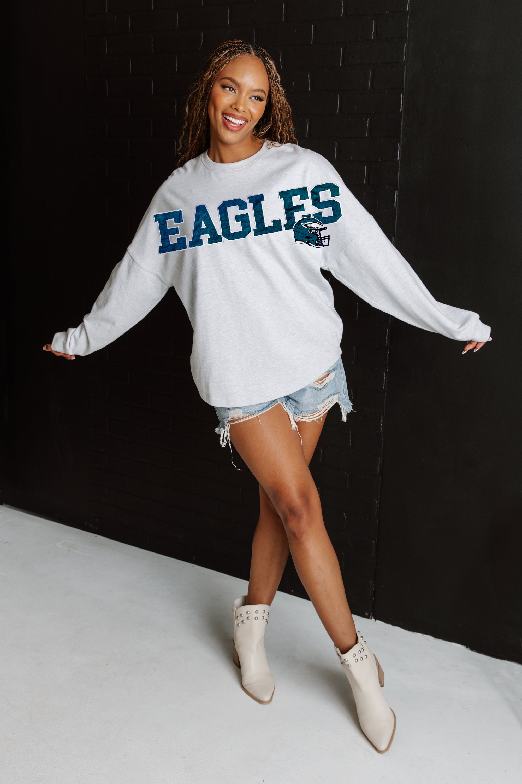 PHILADELPHIA EAGLES READY TO RALLY RELAXED FIT HEATHERED LONG SLEEVE FRENCH TERRY PULLOVER