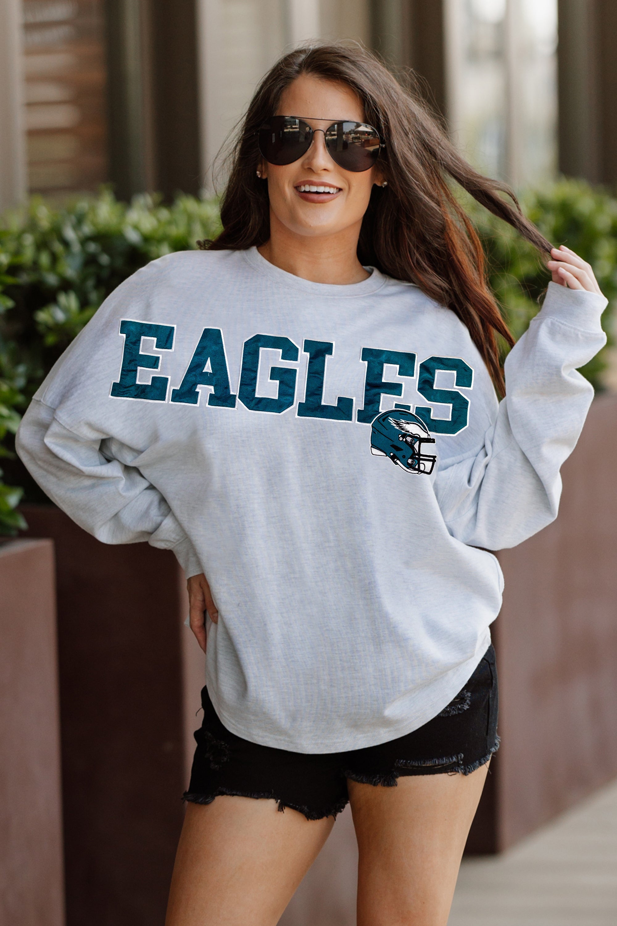 PHILADELPHIA EAGLES READY TO RALLY RELAXED FIT HEATHERED LONG SLEEVE FRENCH TERRY PULLOVER