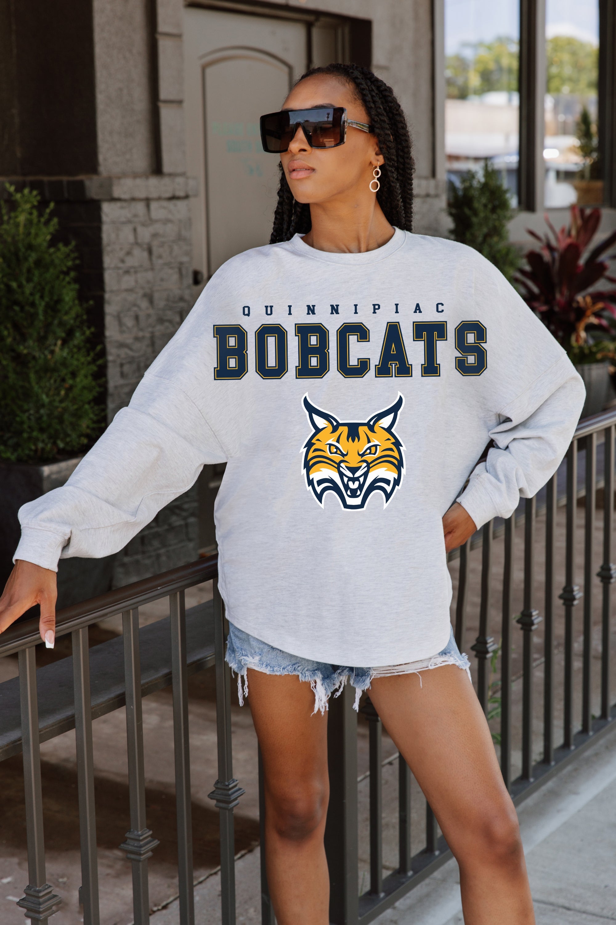 QUINNIPIAC BOBCATS BIG GOALS DROP SHOULDER LONG SLEEVE TEE WITH RIBBED NECKLINE AND CUFFS