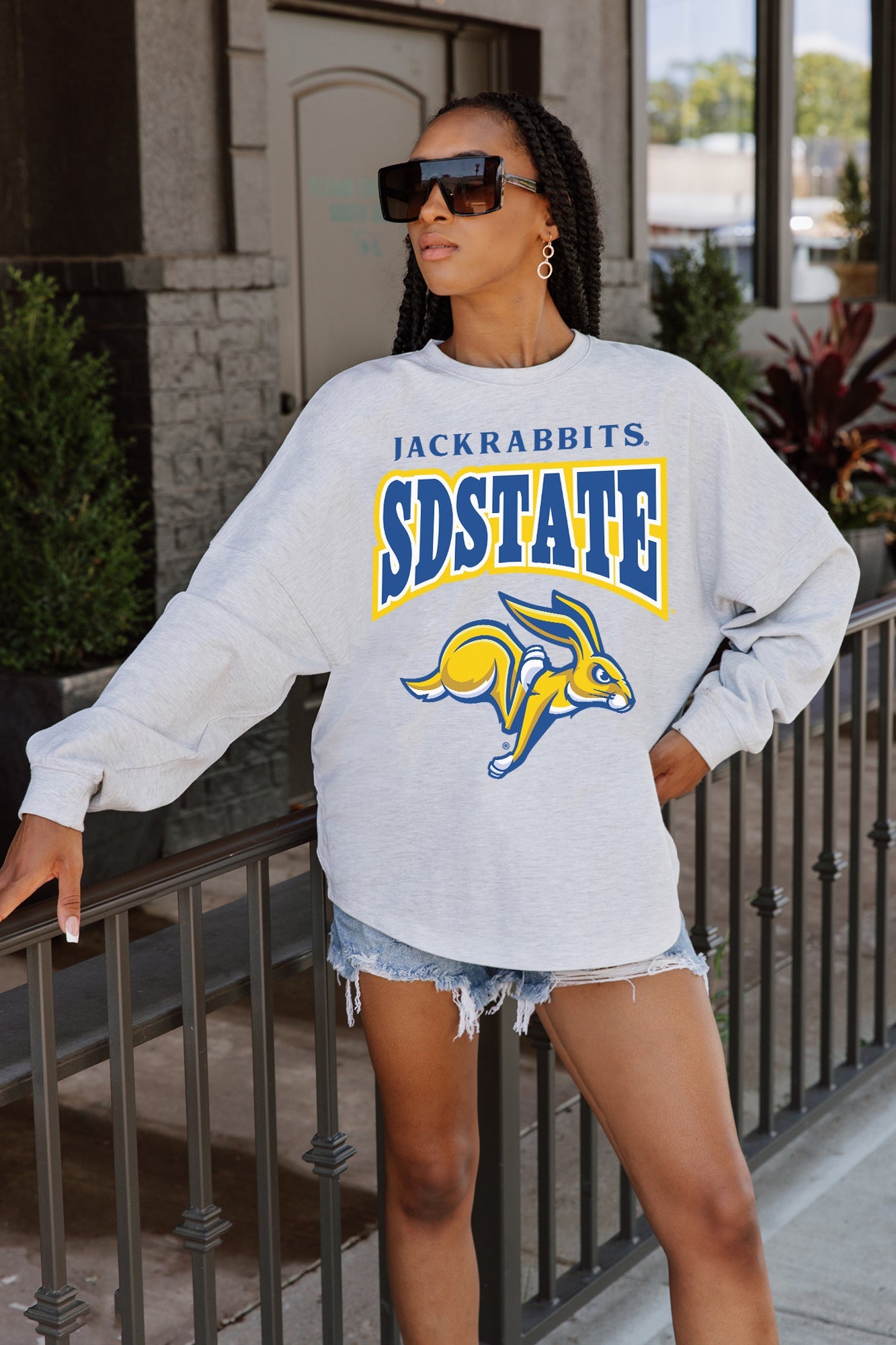 SOUTH DAKOTA STATE JACKRABBITS FIGHTING SPIRIT DROP SHOULDER LONG SLEEVE TEE WITH RIBBED NECKLINE AND CUFFS