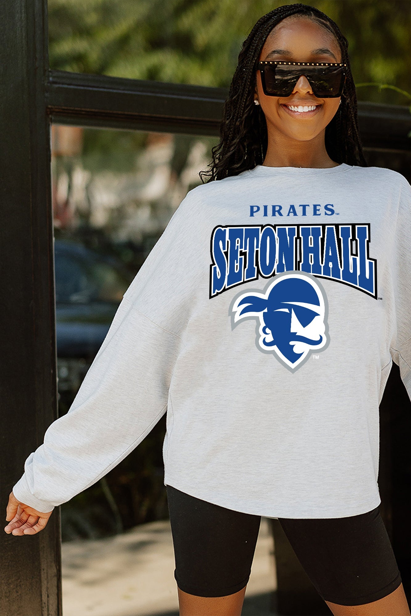 SETON HALL PIRATES FIGHTING SPIRIT DROP SHOULDER LONG SLEEVE TEE WITH RIBBED NECKLINE AND CUFFS