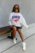 SMU MUSTANGS FIGHTING SPIRIT DROP SHOULDER LONG SLEEVE TEE WITH RIBBED NECKLINE AND CUFFS