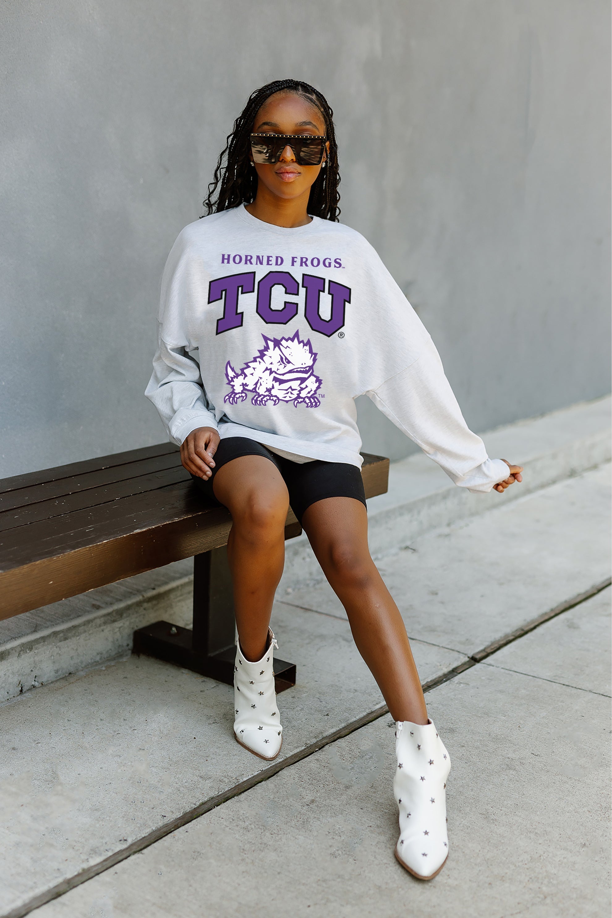 TCU HORNED FROGS FIGHTING SPIRIT DROP SHOULDER LONG SLEEVE TEE WITH RIBBED NECKLINE AND CUFFS