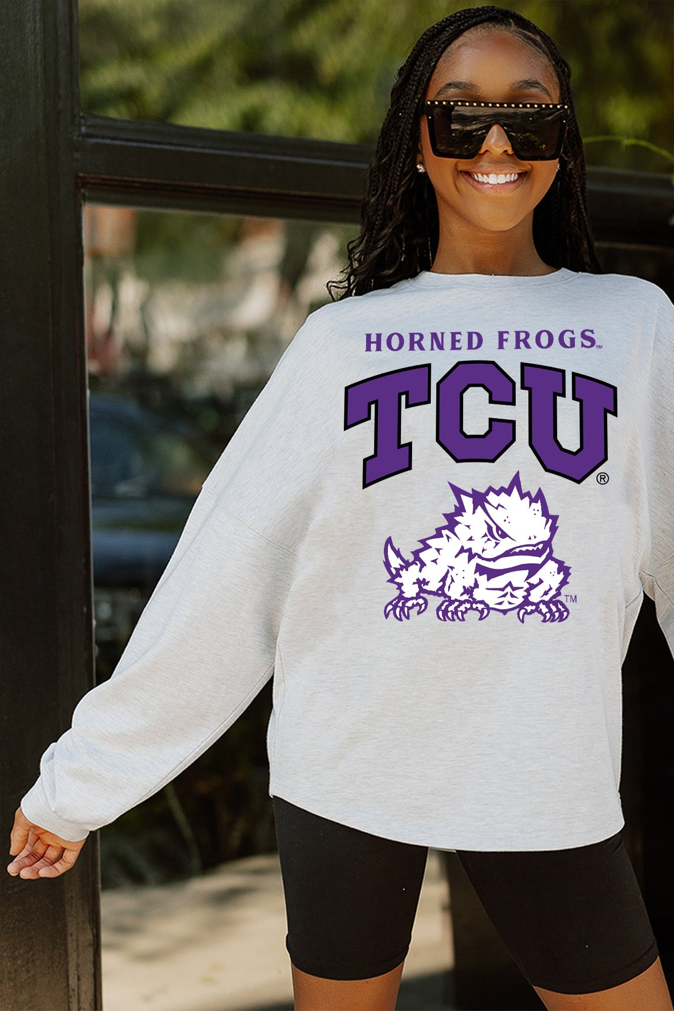 TCU HORNED FROGS FIGHTING SPIRIT DROP SHOULDER LONG SLEEVE TEE WITH RIBBED NECKLINE AND CUFFS