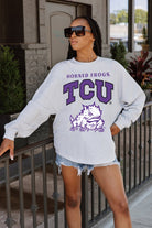 TCU HORNED FROGS FIGHTING SPIRIT DROP SHOULDER LONG SLEEVE TEE WITH RIBBED NECKLINE AND CUFFS