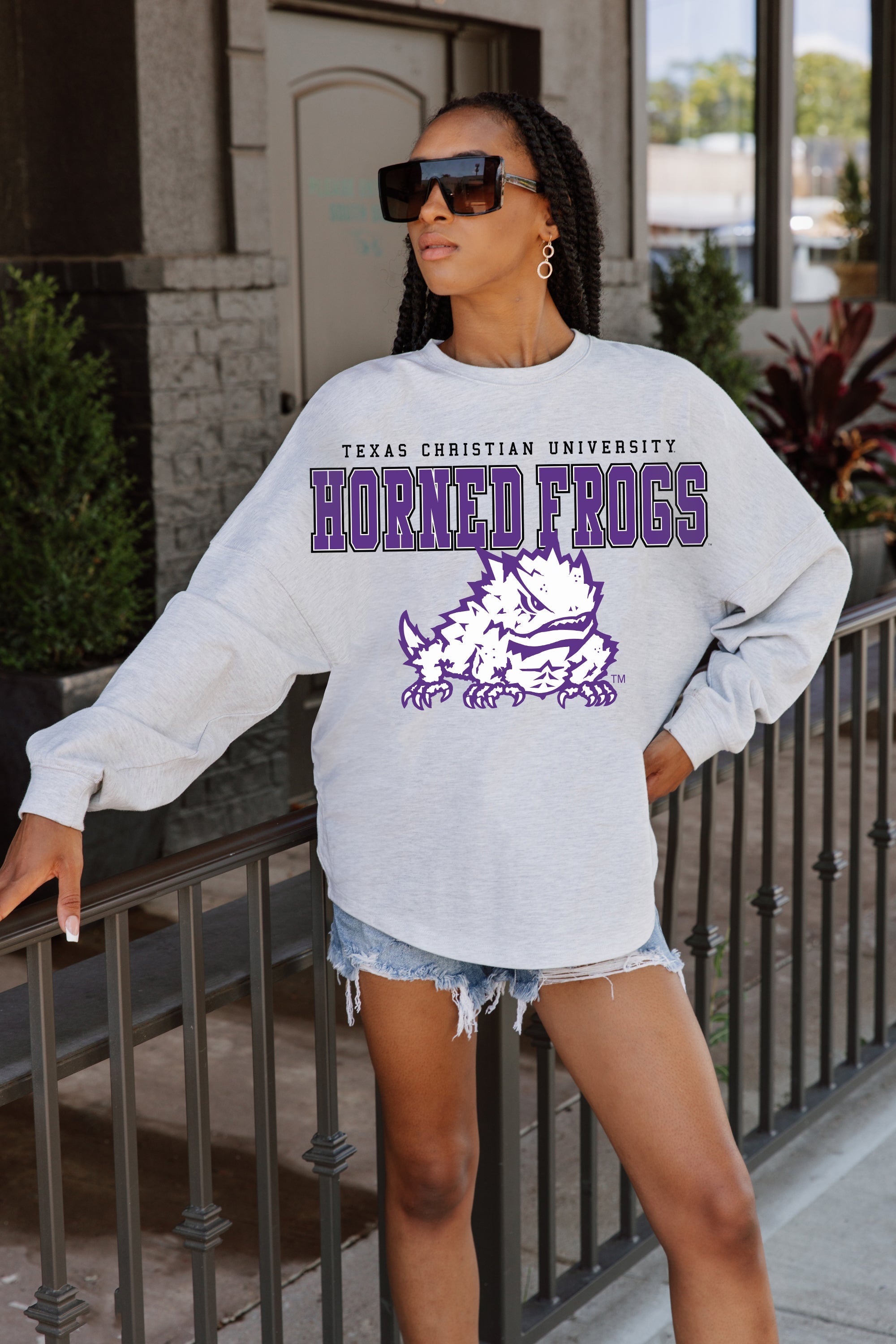 TCU HORNED FROGS BIG GOALS DROP SHOULDER LONG SLEEVE TEE WITH RIBBED NECKLINE AND CUFFS