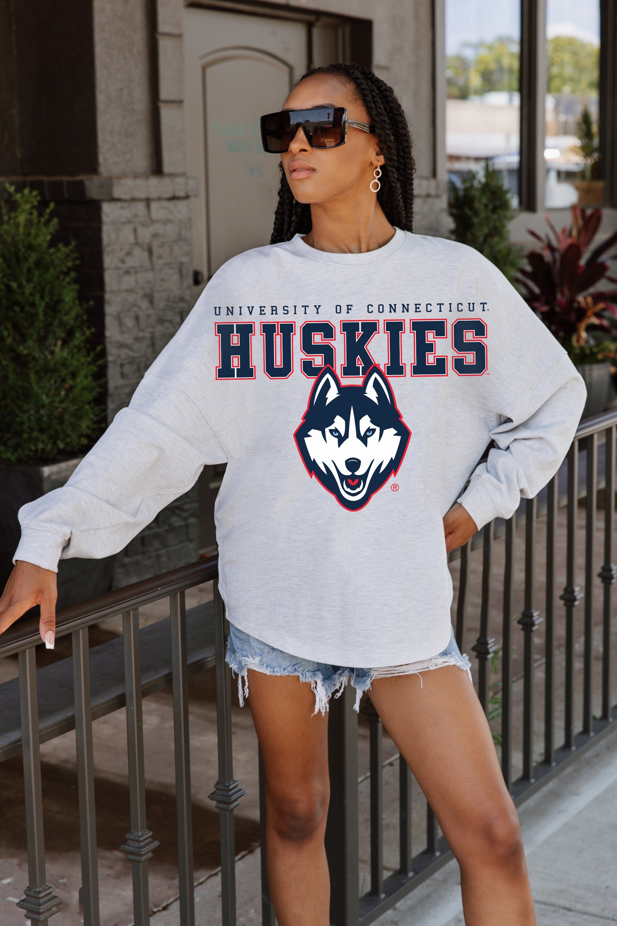 UCONN HUSKIES BIG GOALS DROP SHOULDER LONG SLEEVE TEE WITH RIBBED NECKLINE AND CUFFS