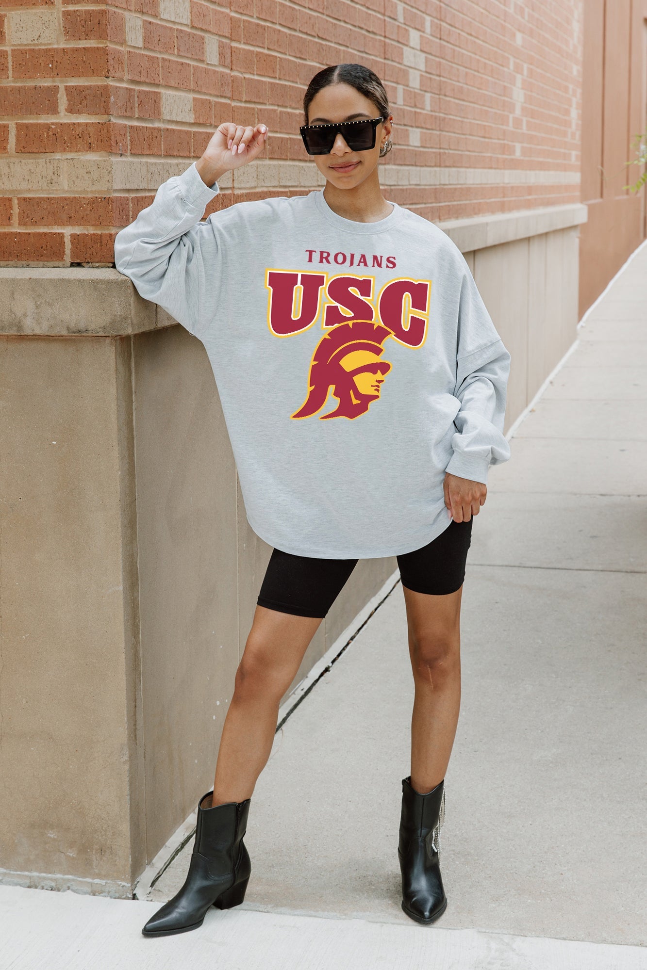 USC TROJANS FIGHTING SPIRIT DROP SHOULDER LONG SLEEVE TEE WITH RIBBED NECKLINE AND CUFFS