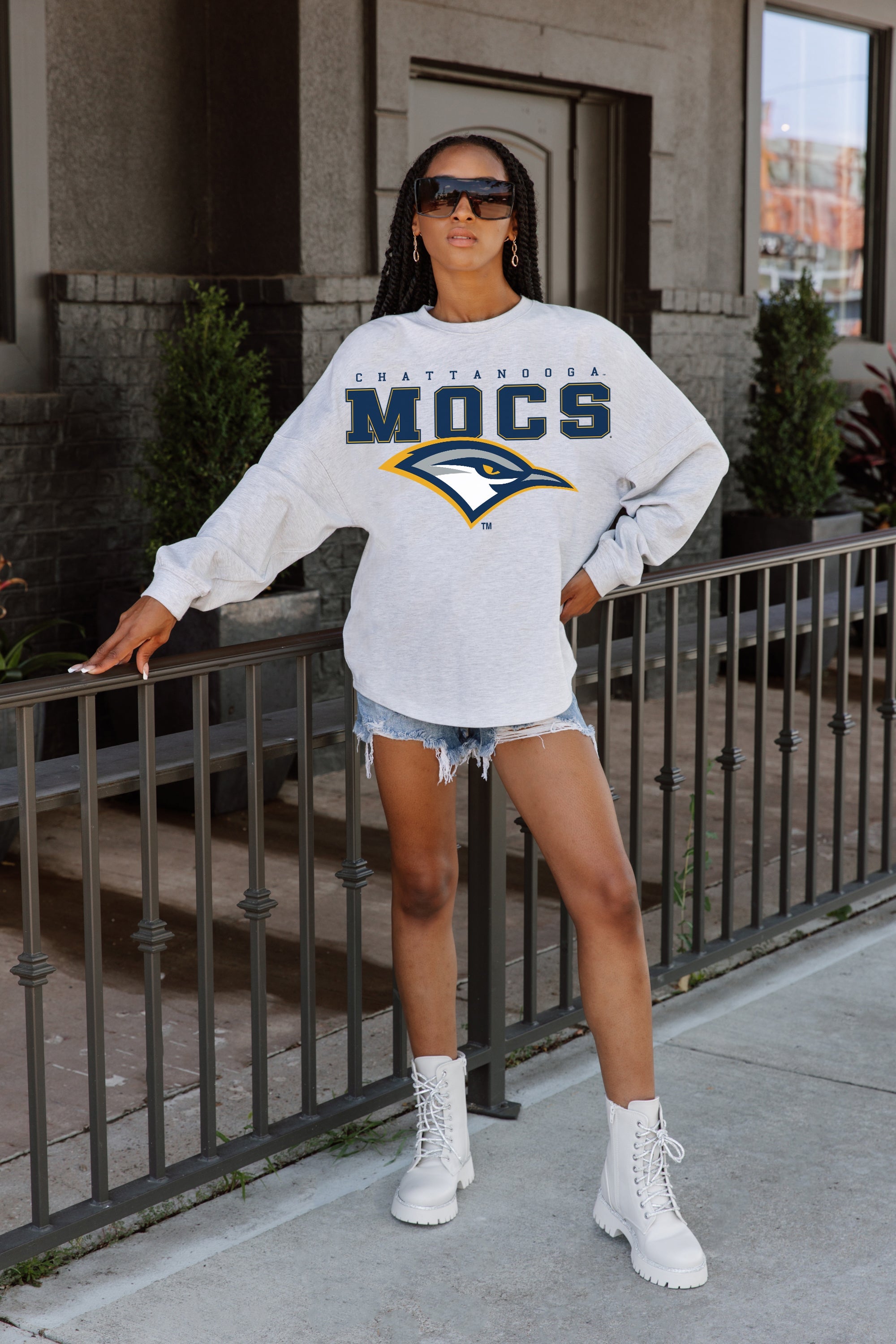 CHATTANOOGA MOCS BIG GOALS DROP SHOULDER LONG SLEEVE TEE WITH RIBBED NECKLINE AND CUFFS