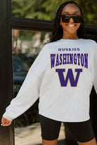 WASHINGTON HUSKIES FIGHTING SPIRIT DROP SHOULDER LONG SLEEVE TEE WITH RIBBED NECKLINE AND CUFFS