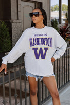 WASHINGTON HUSKIES FIGHTING SPIRIT DROP SHOULDER LONG SLEEVE TEE WITH RIBBED NECKLINE AND CUFFS