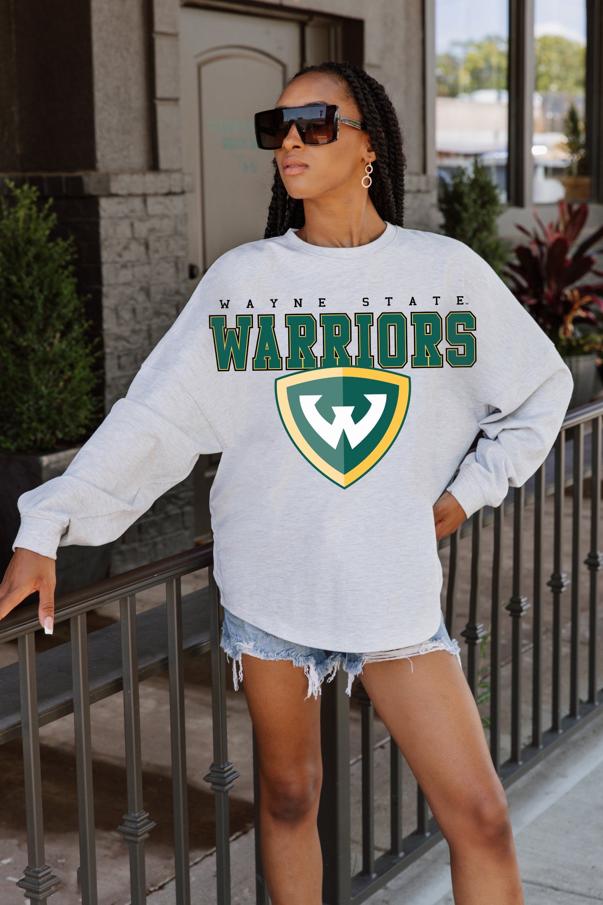 WAYNE STATE WARRIORS BIG GOALS DROP SHOULDER LONG SLEEVE TEE WITH RIBBED NECKLINE AND CUFFS