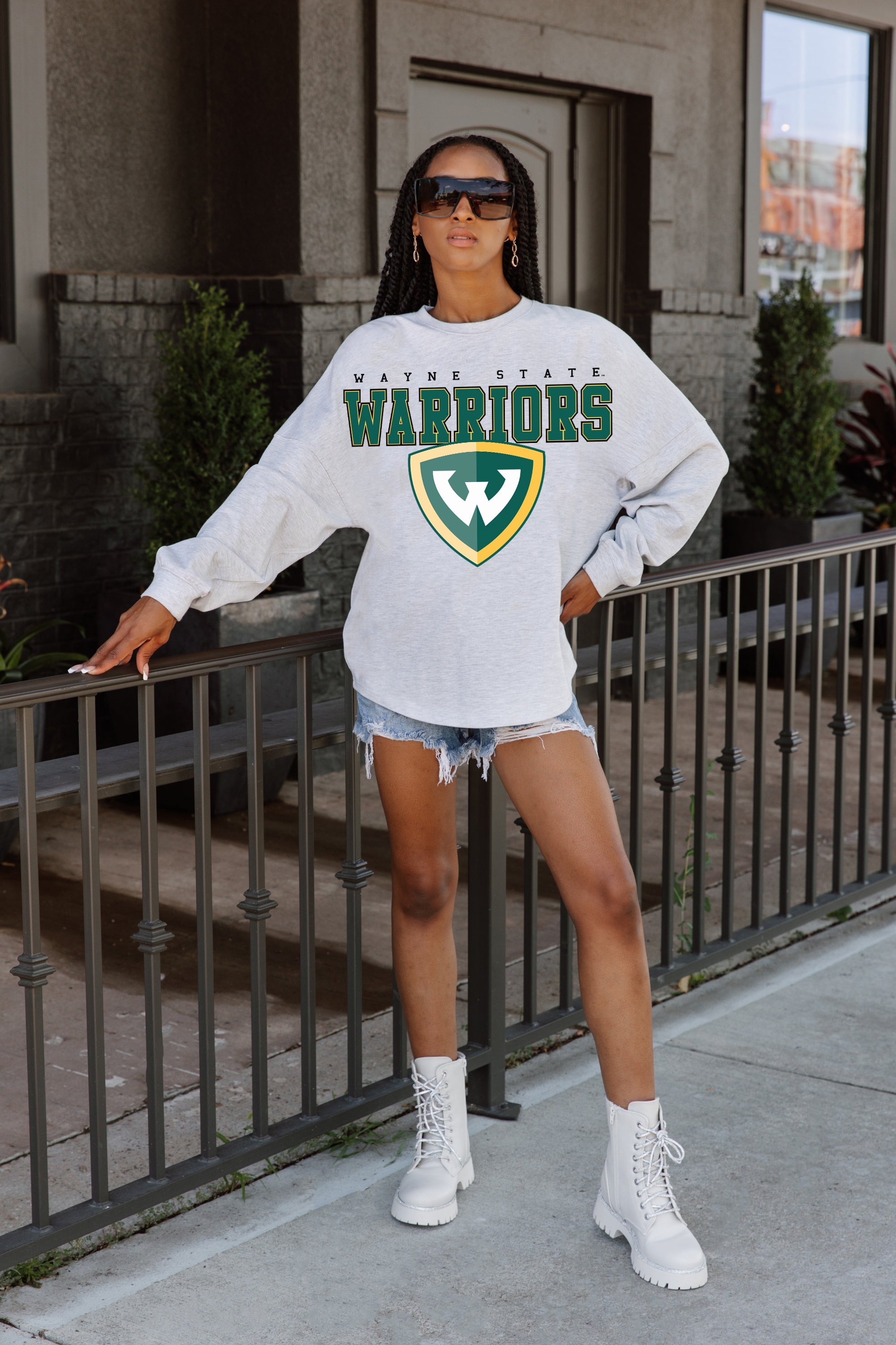 WAYNE STATE WARRIORS BIG GOALS DROP SHOULDER LONG SLEEVE TEE WITH RIBBED NECKLINE AND CUFFS