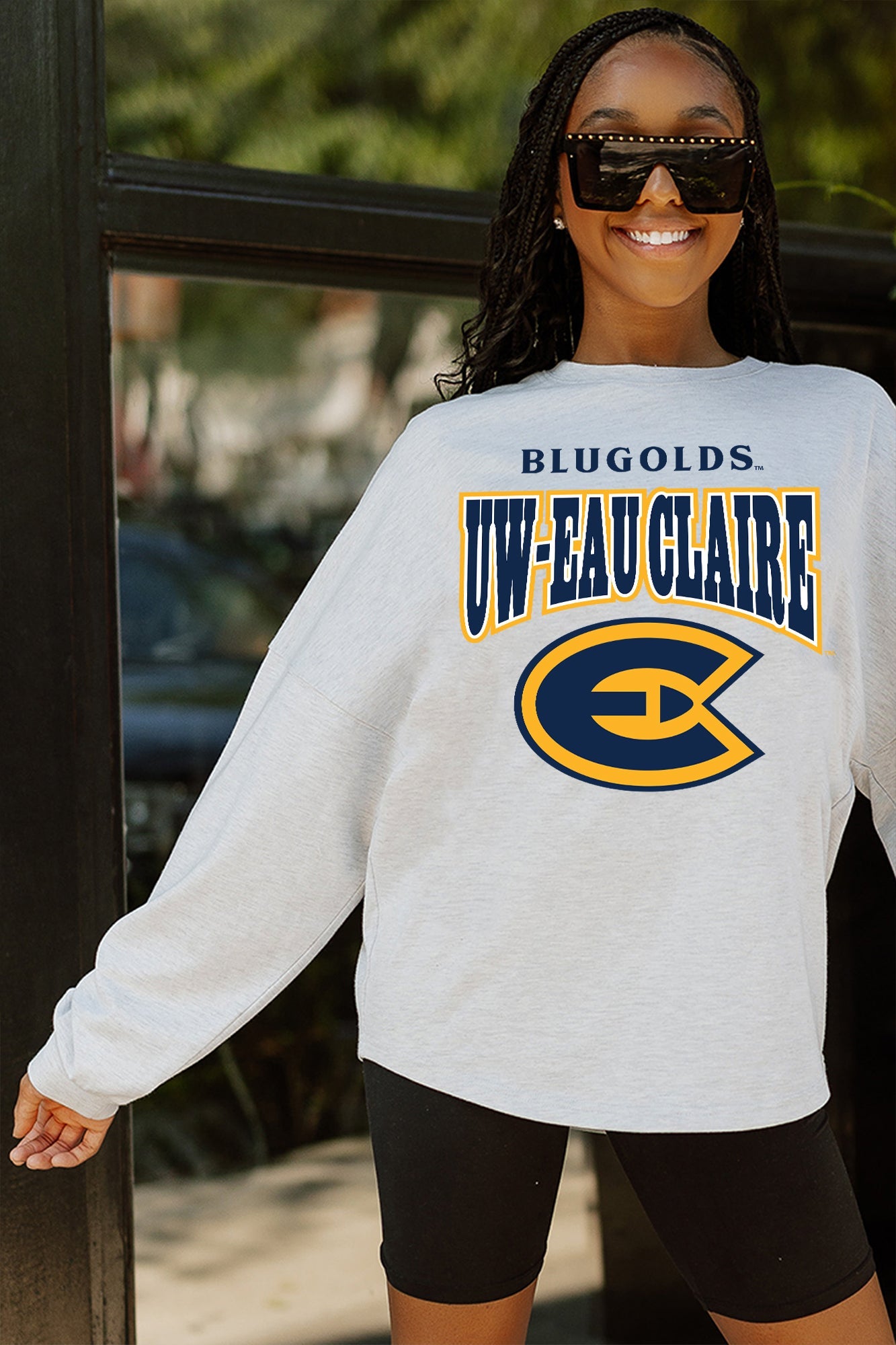 WISCONSIN-EAU CLAIRE BLUGOLDS FIGHTING SPIRIT DROP SHOULDER LONG SLEEVE TEE WITH RIBBED NECKLINE AND CUFFS