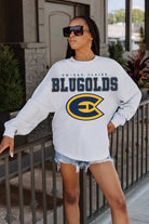 WISCONSIN-EAU CLAIRE BLUGOLDS BIG GOALS DROP SHOULDER LONG SLEEVE TEE WITH RIBBED NECKLINE AND CUFFS