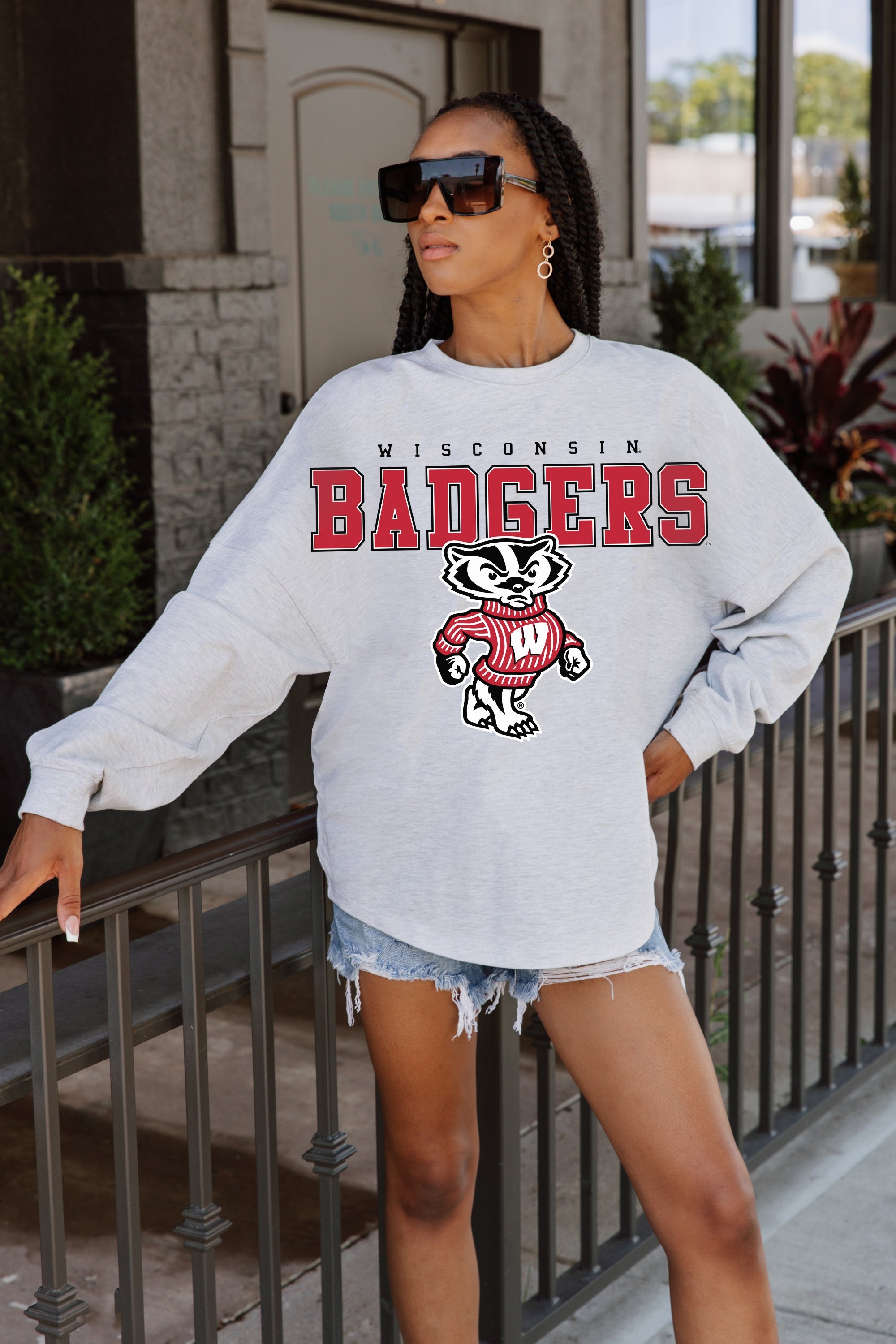 WISCONSIN BADGERS BIG GOALS DROP SHOULDER LONG SLEEVE TEE WITH RIBBED NECKLINE AND CUFFS