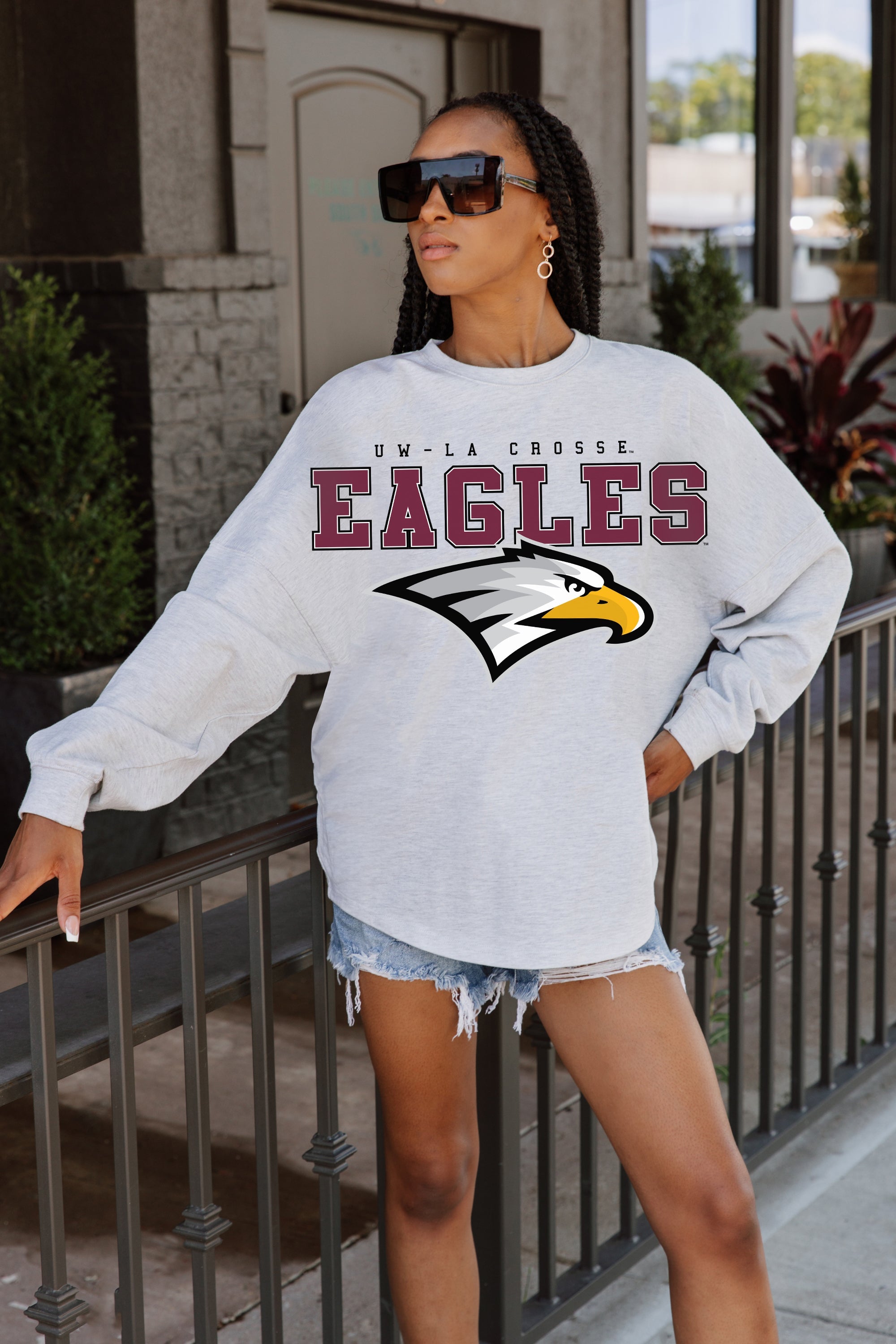 UW LA CROSSE EAGLES BIG GOALS DROP SHOULDER LONG SLEEVE TEE WITH RIBBED NECKLINE AND CUFFS