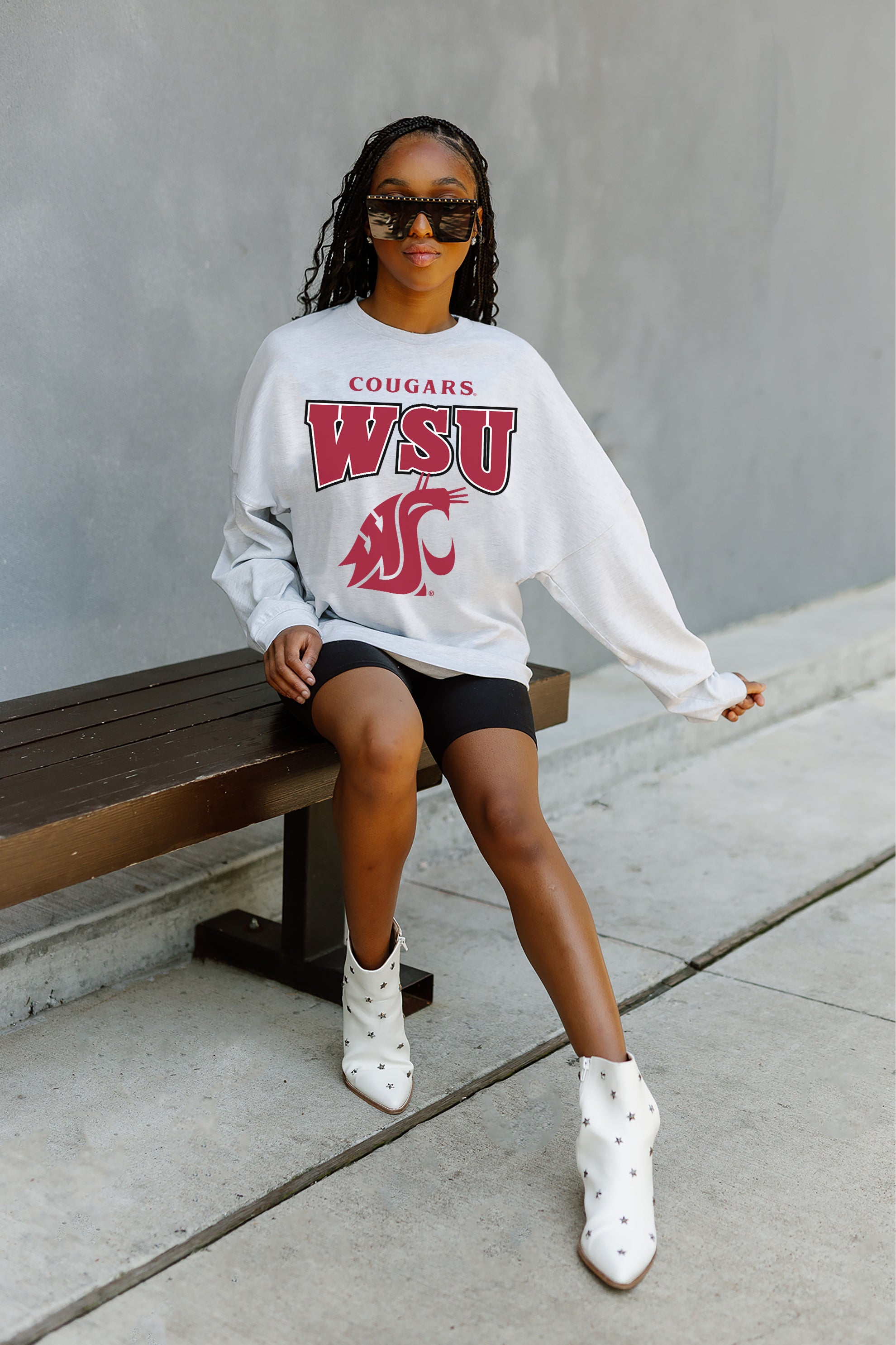 WASHINGTON STATE COUGARS FIGHTING SPIRIT DROP SHOULDER LONG SLEEVE TEE WITH RIBBED NECKLINE AND CUFFS