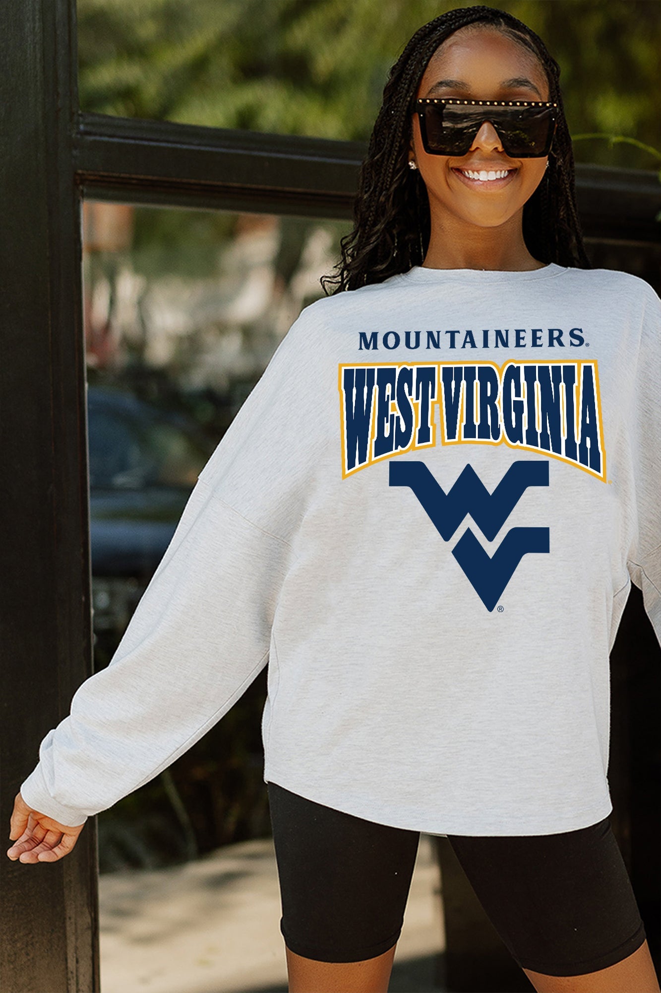 WEST VIRGINIA MOUNTAINEERS FIGHTING SPIRIT DROP SHOULDER LONG SLEEVE TEE WITH RIBBED NECKLINE AND CUFFS