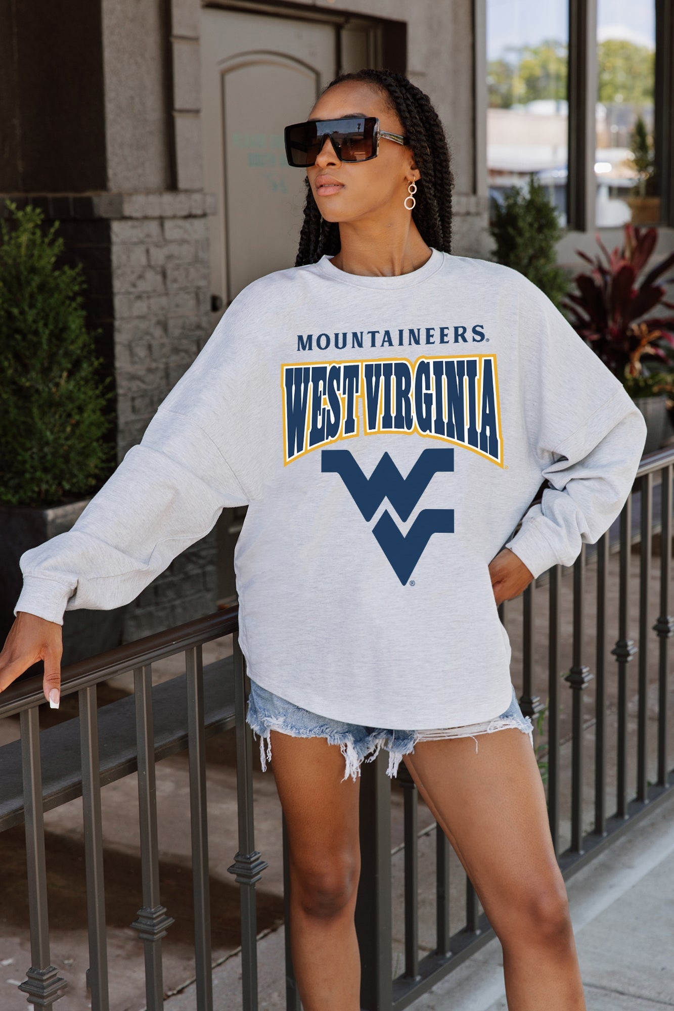 WEST VIRGINIA MOUNTAINEERS FIGHTING SPIRIT DROP SHOULDER LONG SLEEVE TEE WITH RIBBED NECKLINE AND CUFFS