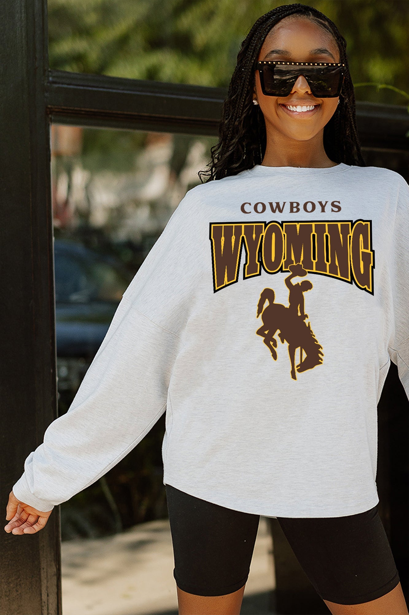 WYOMING COWBOYS FIGHTING SPIRIT DROP SHOULDER LONG SLEEVE TEE WITH RIBBED NECKLINE AND CUFFS